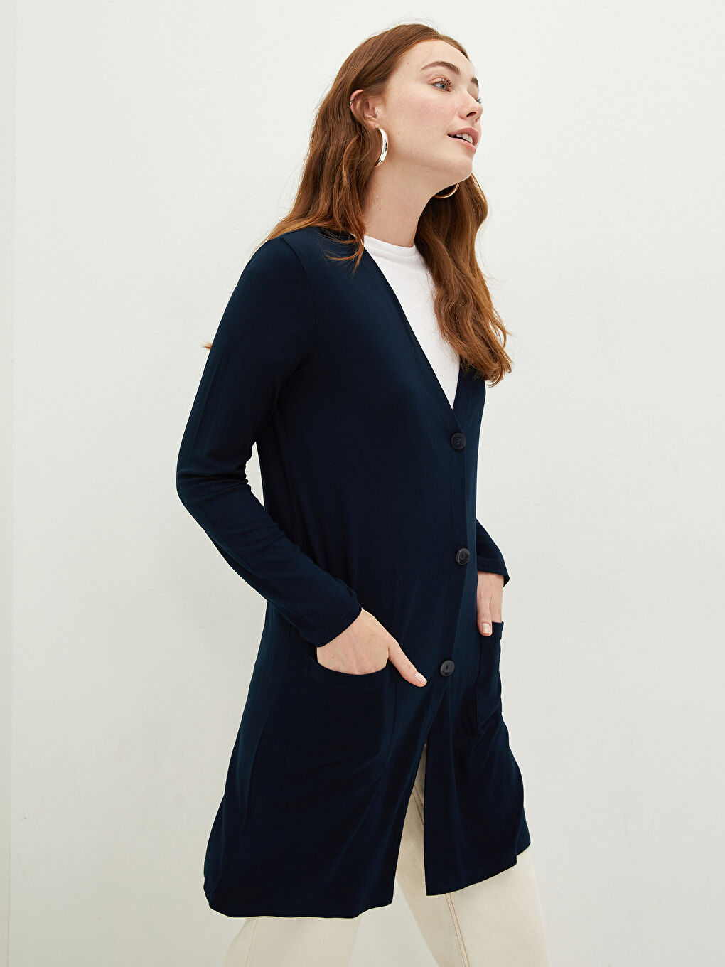 Lacivert V Yaka Düz Uzun Kollu Viskon Kadın Hırka