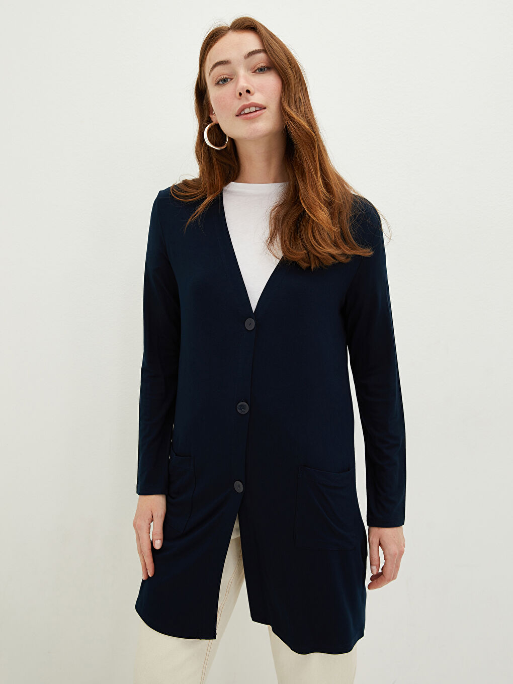 Lacivert V Yaka Düz Uzun Kollu Viskon Kadın Hırka-1