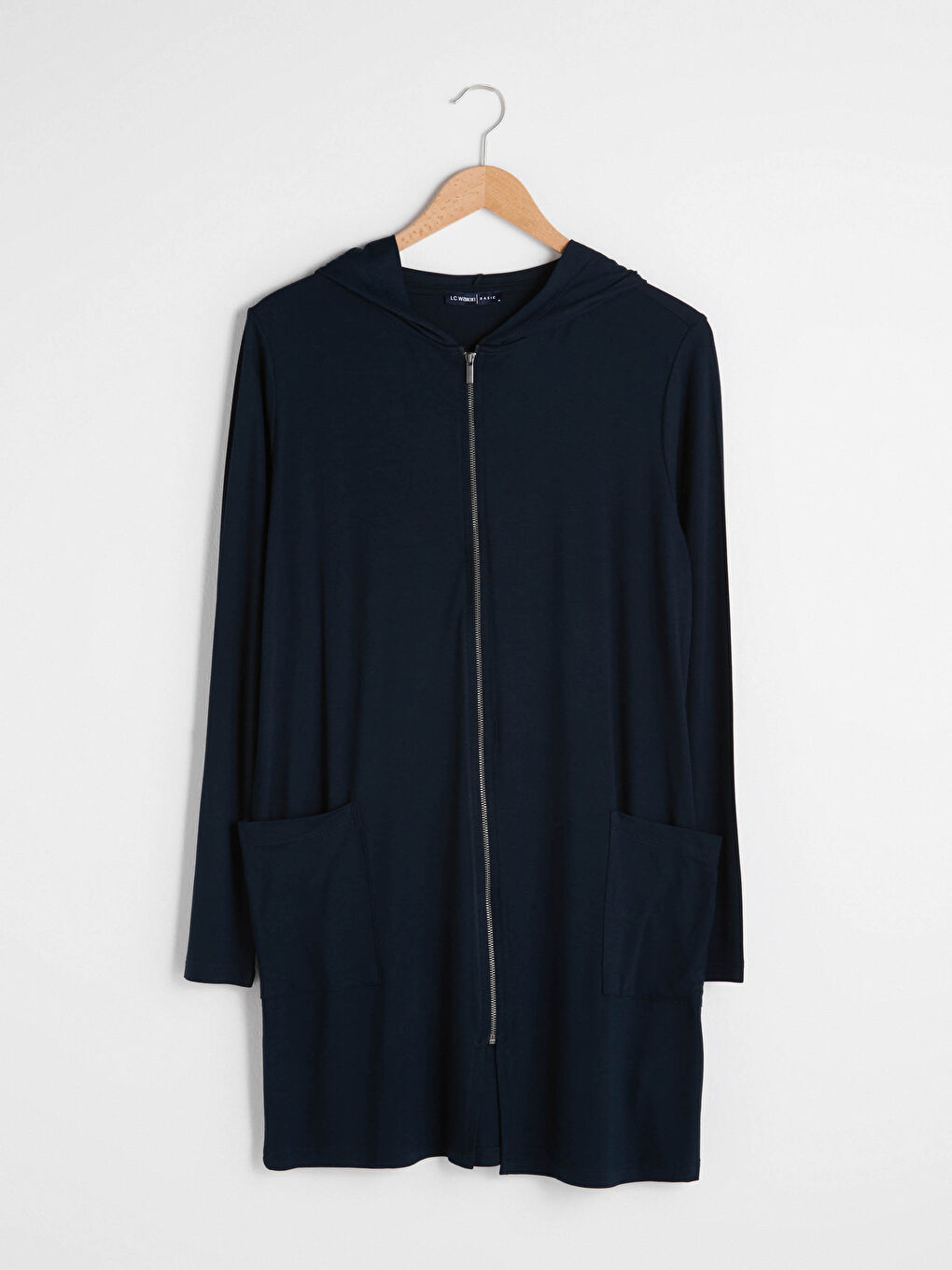 Lacivert Kapüşon Yaka Düz Uzun Kollu Viskon Kadın Hırka-6