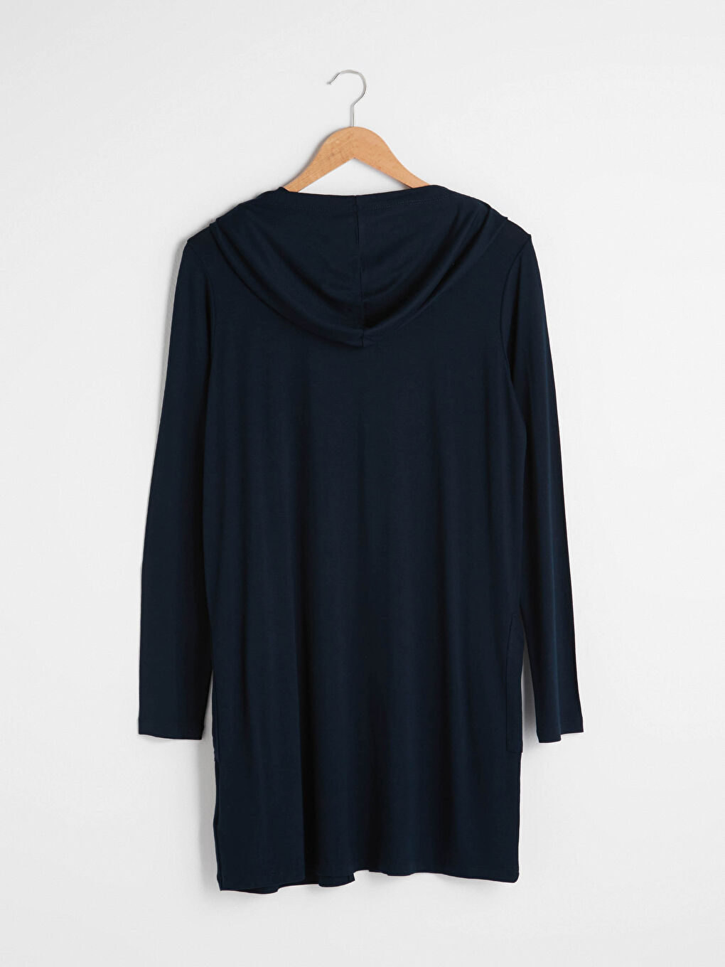 Lacivert Kapüşon Yaka Düz Uzun Kollu Viskon Kadın Hırka-7