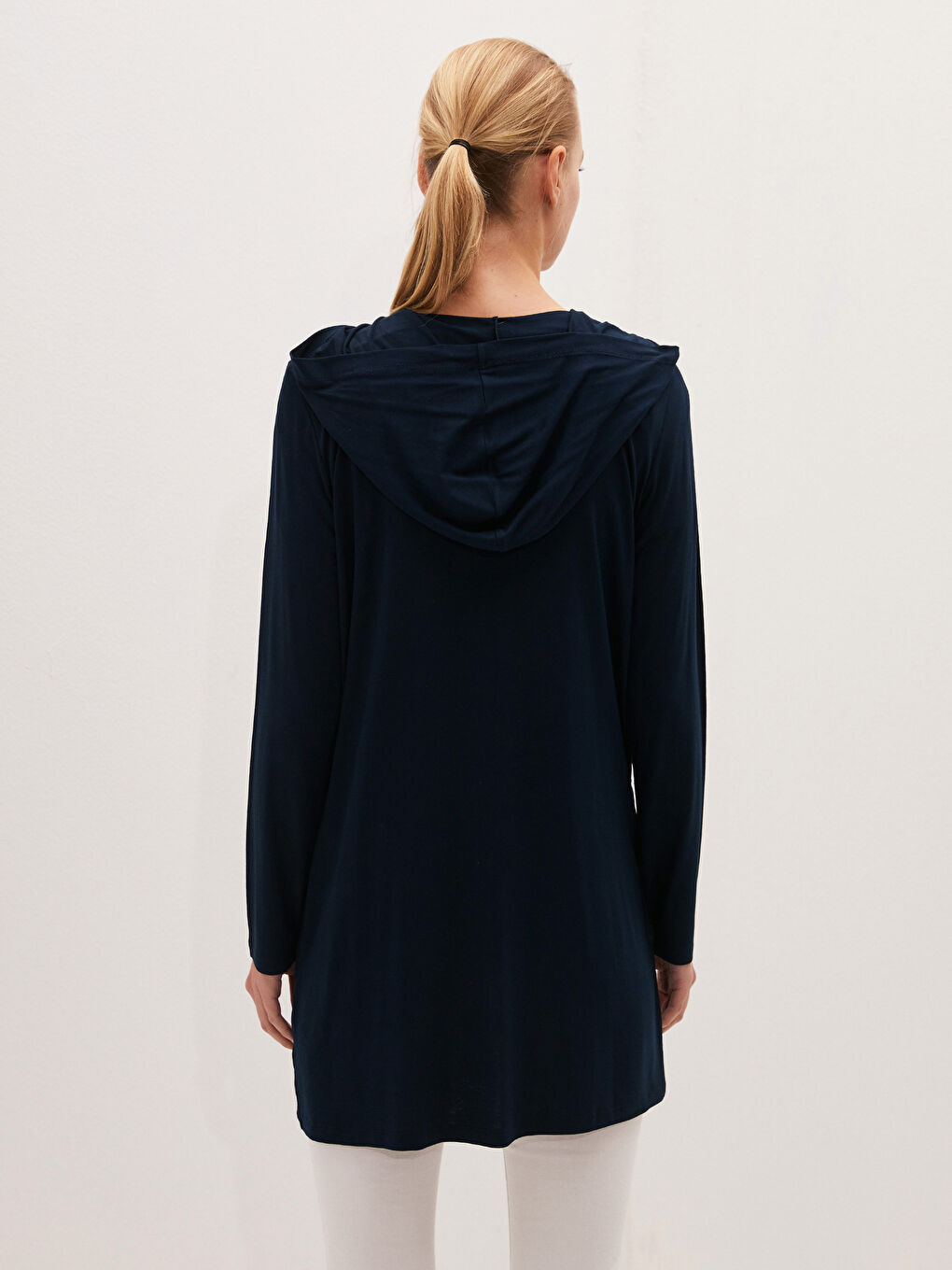 Lacivert Kapüşon Yaka Düz Uzun Kollu Viskon Kadın Hırka-4