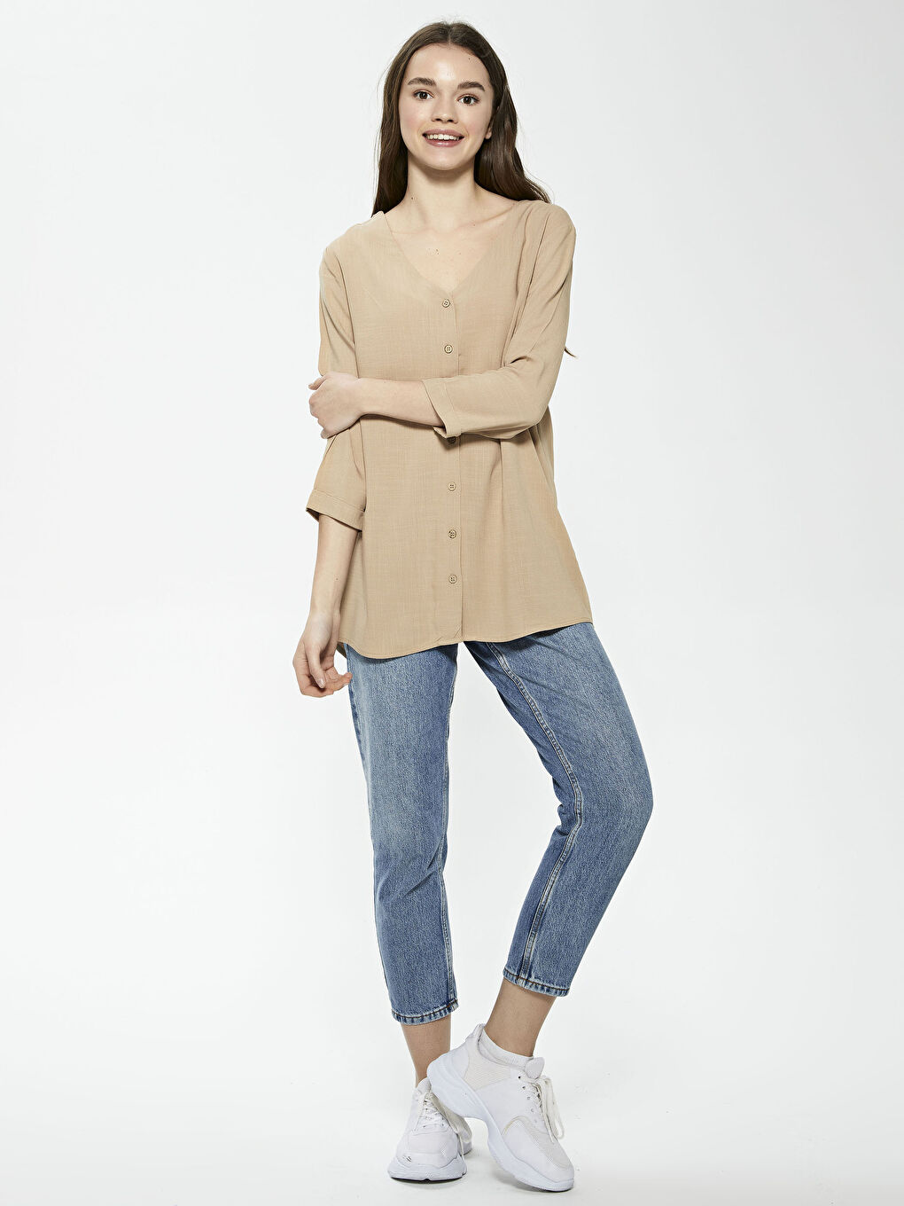 Блузка с длинным рукавом, V-образным вырезом и застежкой на пуговицы из поплина для женщин-3