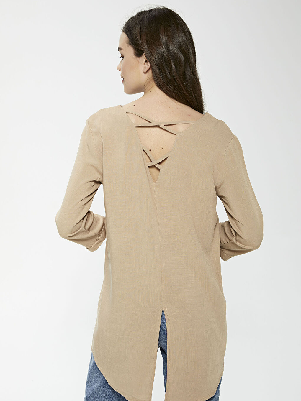 Блузка с длинным рукавом, V-образным вырезом и застежкой на пуговицы из поплина для женщин-4