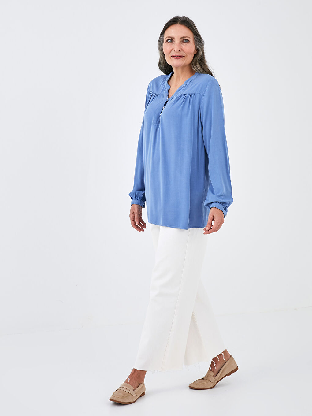 Button Detailed Long Sleeve Viscose Women Blouse-2