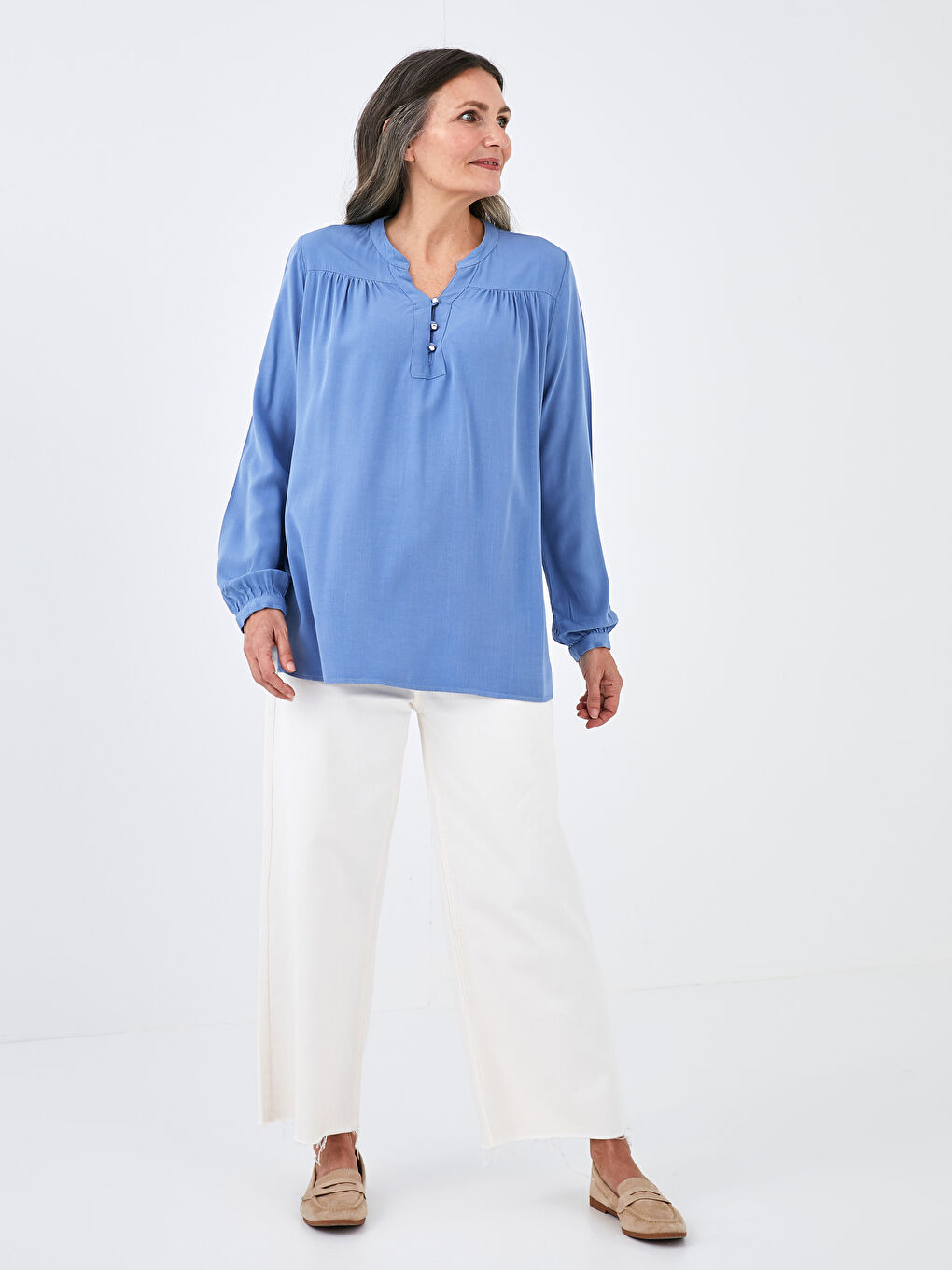Button Detailed Long Sleeve Viscose Women Blouse-3