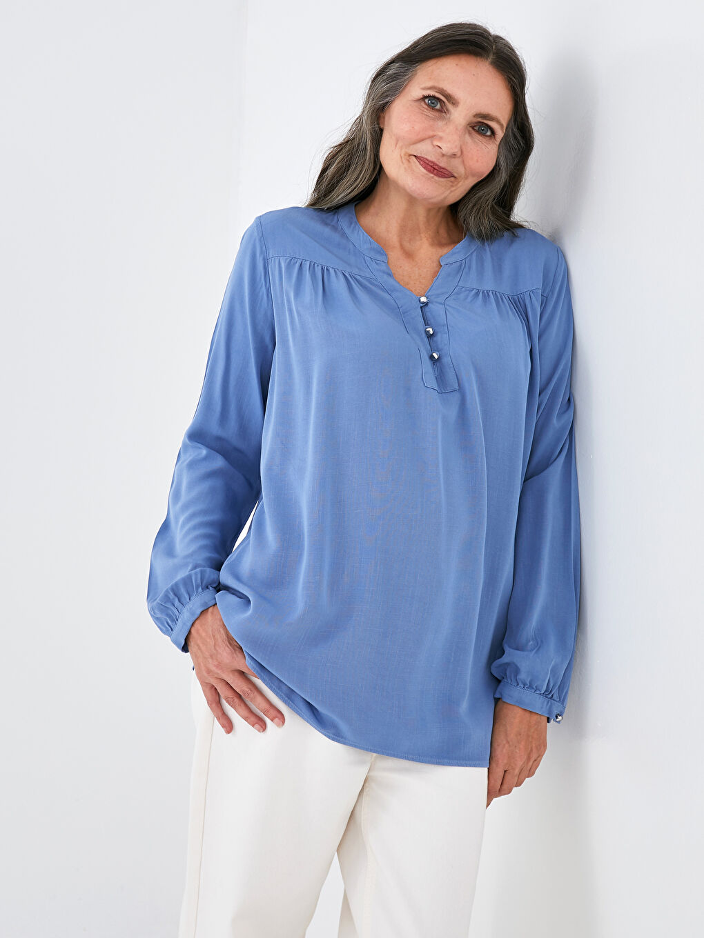 Button Detailed Long Sleeve Viscose Women Blouse