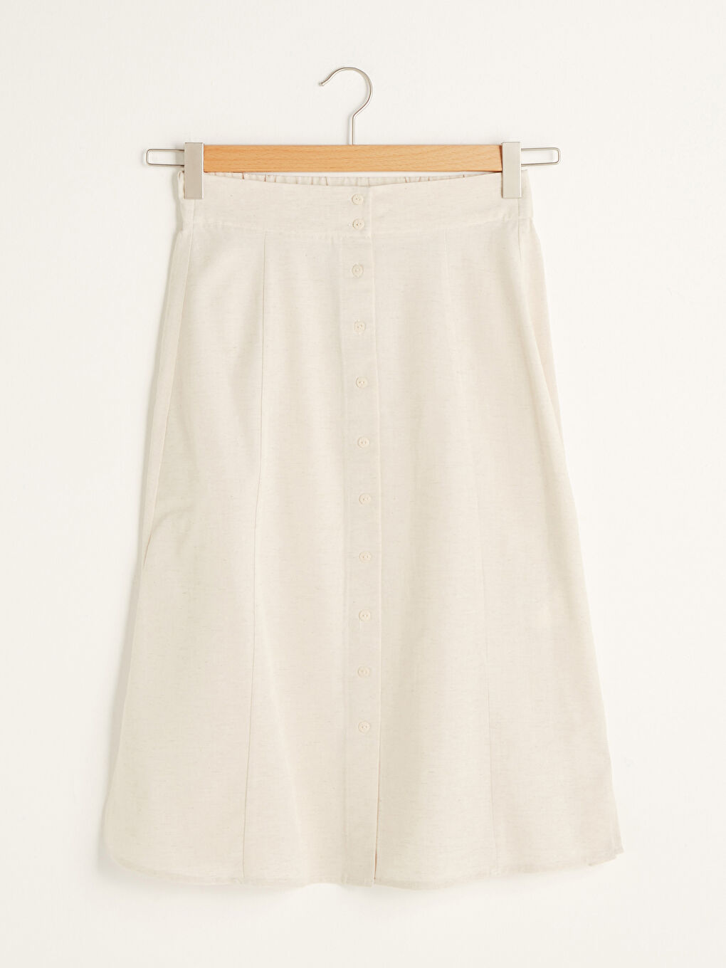 Bej Beli Lastikli Düz A Kesim Düğme Detaylı Kadın Etek-4