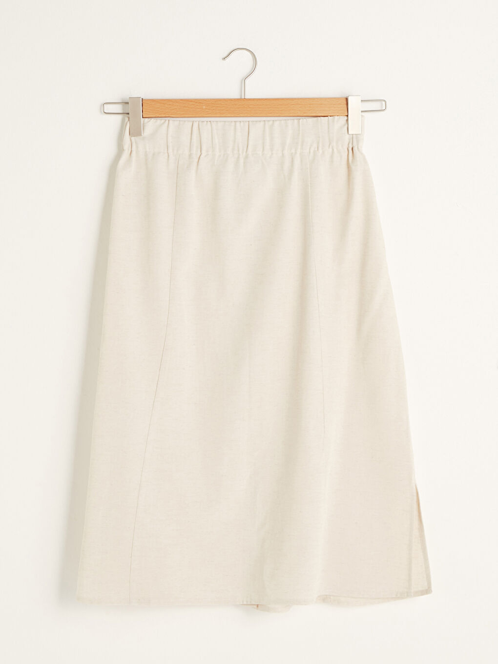 Bej Beli Lastikli Düz A Kesim Düğme Detaylı Kadın Etek-5