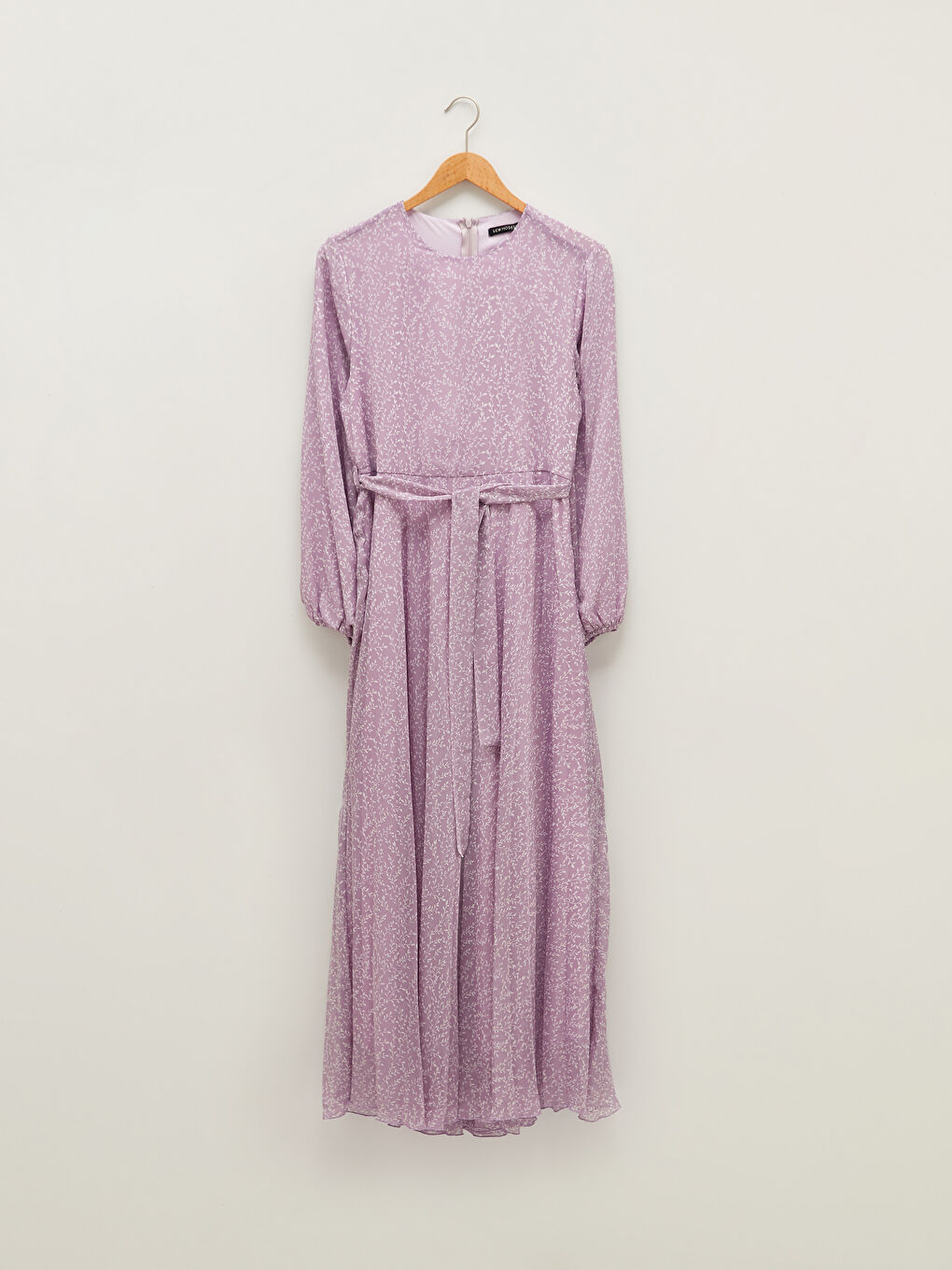 Crew Neck Patterned Long Sleeve Waist Belted Chiffon Women's Dress-5