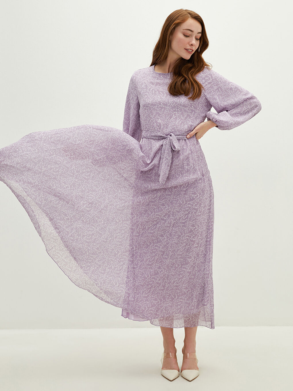 Crew Neck Patterned Long Sleeve Waist Belted Chiffon Women's Dress-1