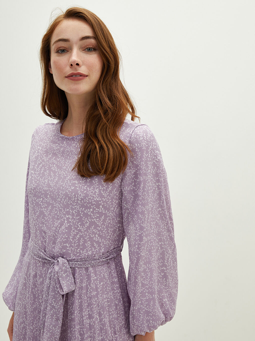 Crew Neck Patterned Long Sleeve Waist Belted Chiffon Women's Dress-2