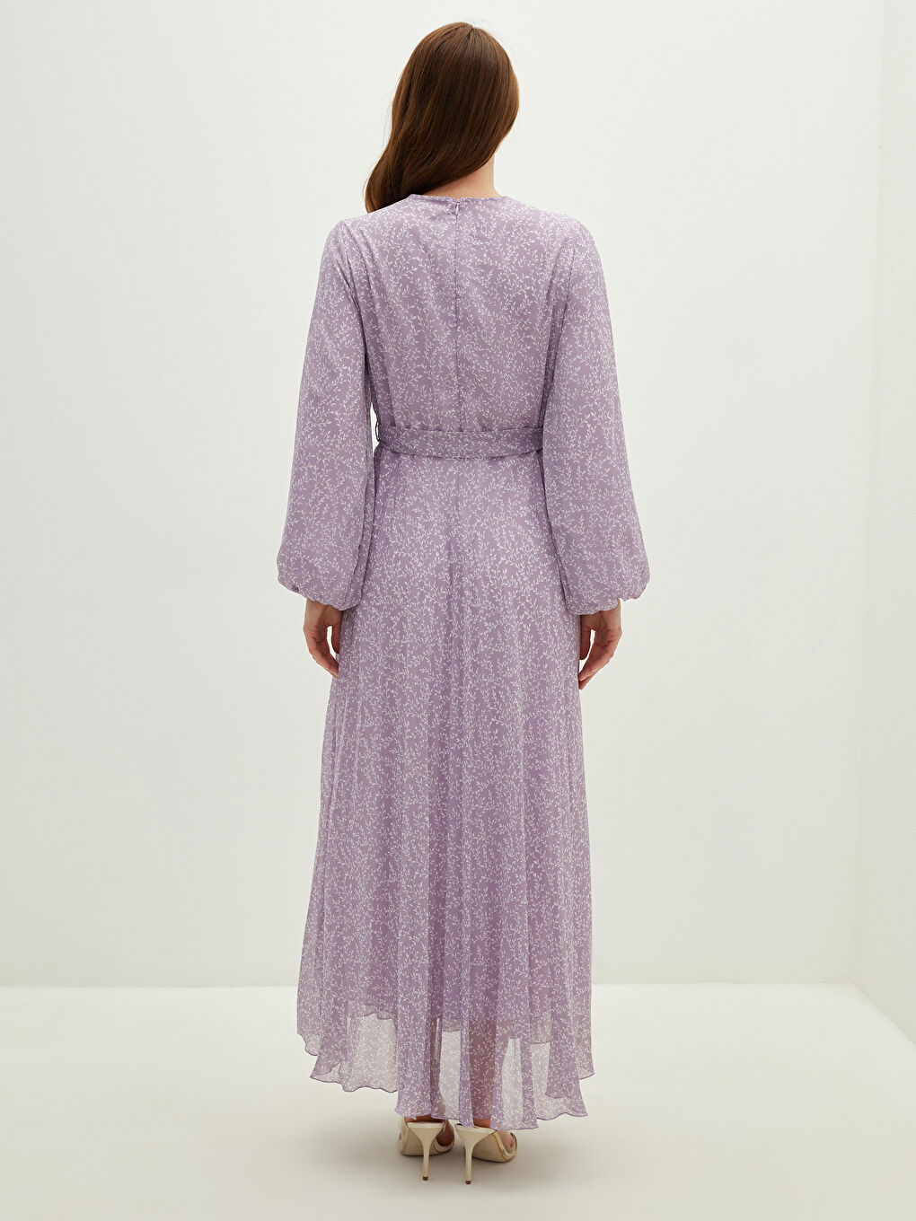 Crew Neck Patterned Long Sleeve Waist Belted Chiffon Women's Dress-3