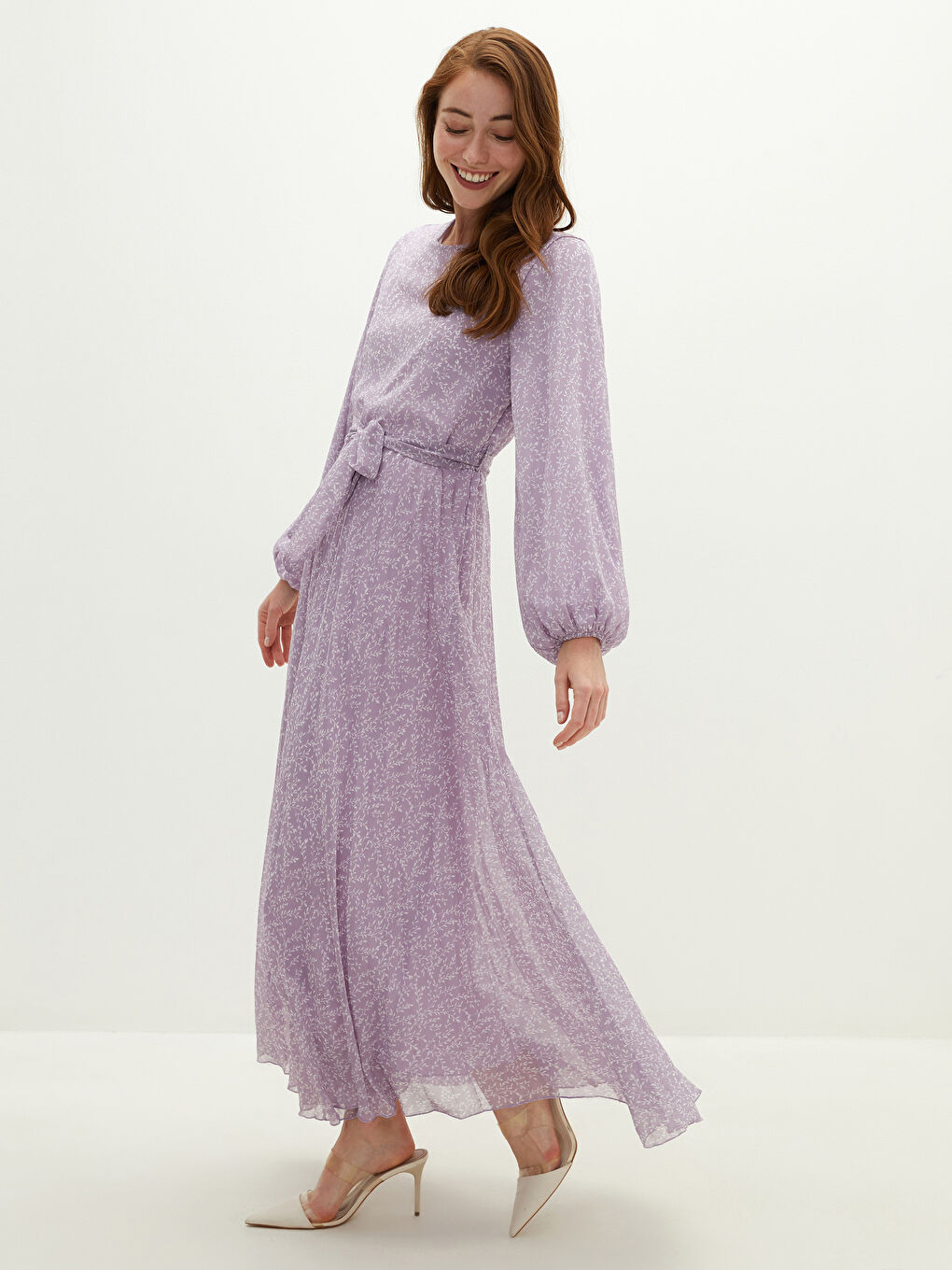 Crew Neck Patterned Long Sleeve Waist Belted Chiffon Women's Dress-4