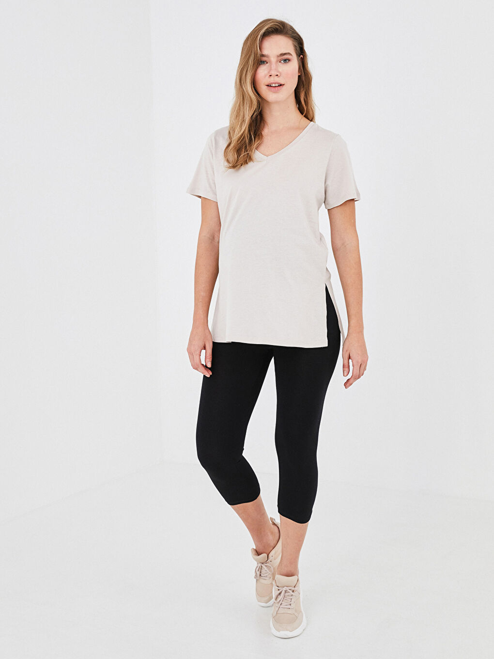 Siyah Karın Panelli Düz Pamuklu Hamile Tayt-1