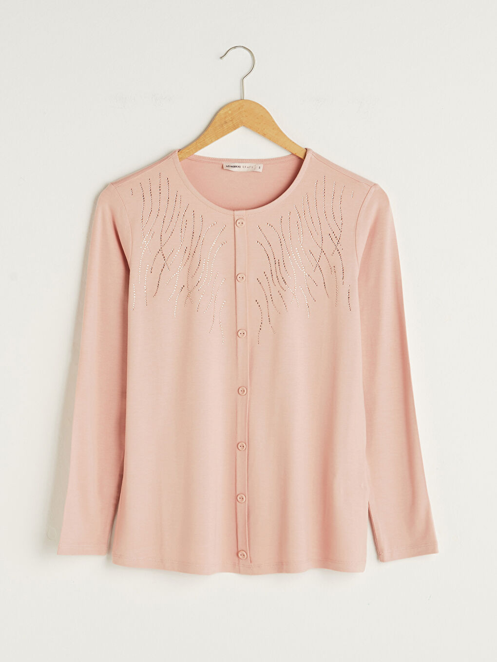 Pembe Bisiklet Yaka Taşlı Uzun Kollu Viskon Kadın Bluz-5