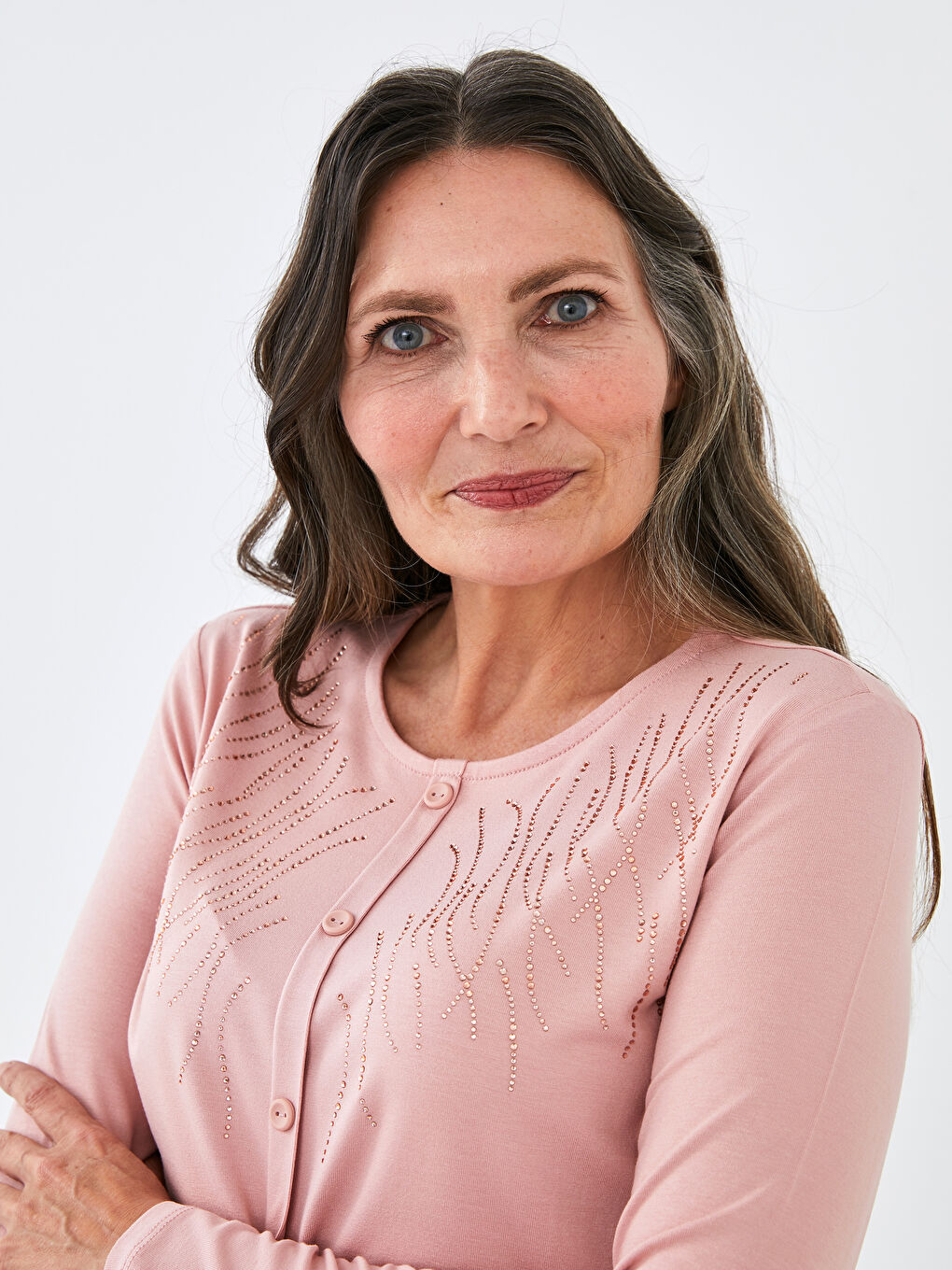 Pembe Bisiklet Yaka Taşlı Uzun Kollu Viskon Kadın Bluz-2