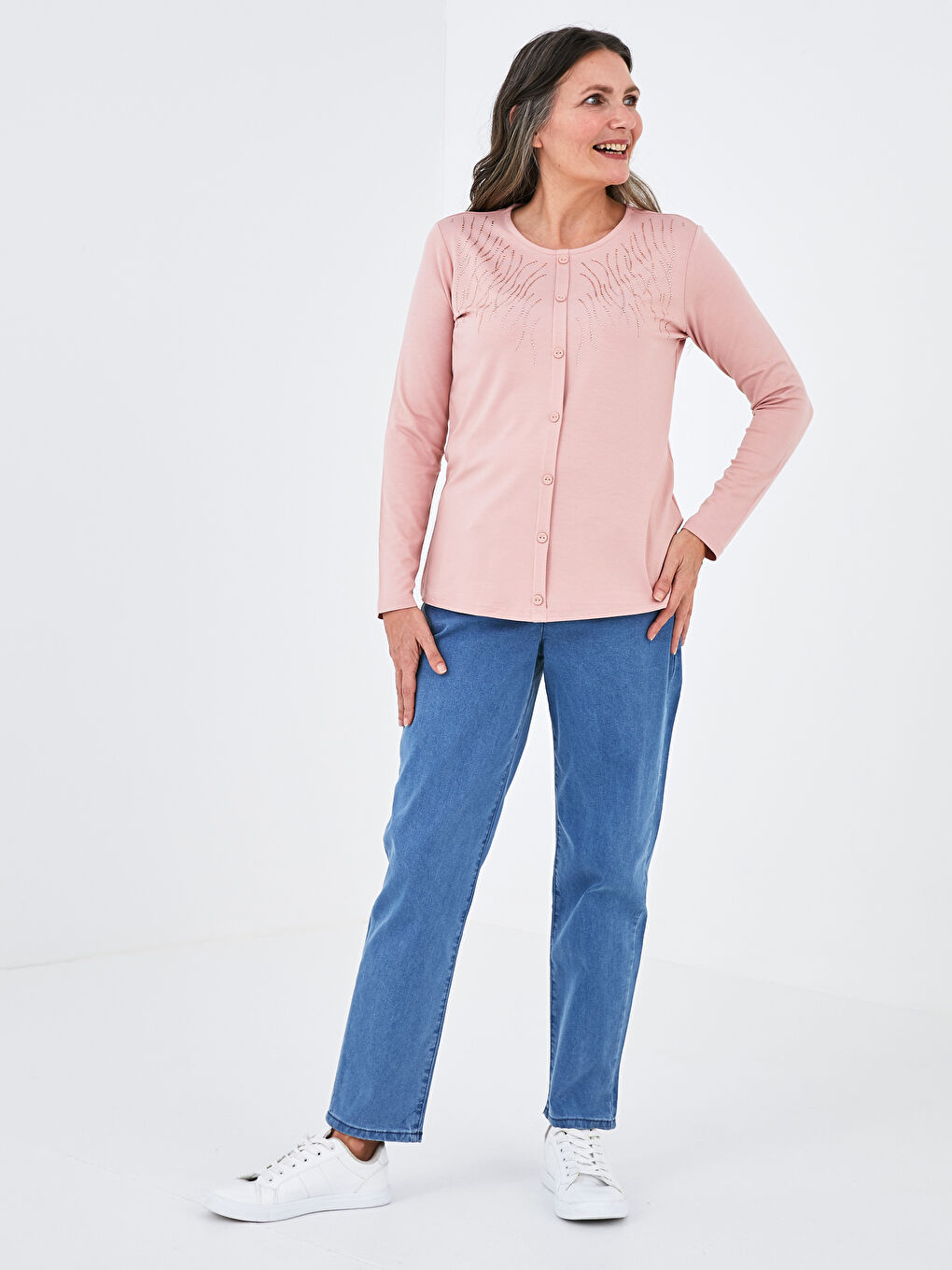 Pembe Bisiklet Yaka Taşlı Uzun Kollu Viskon Kadın Bluz-3