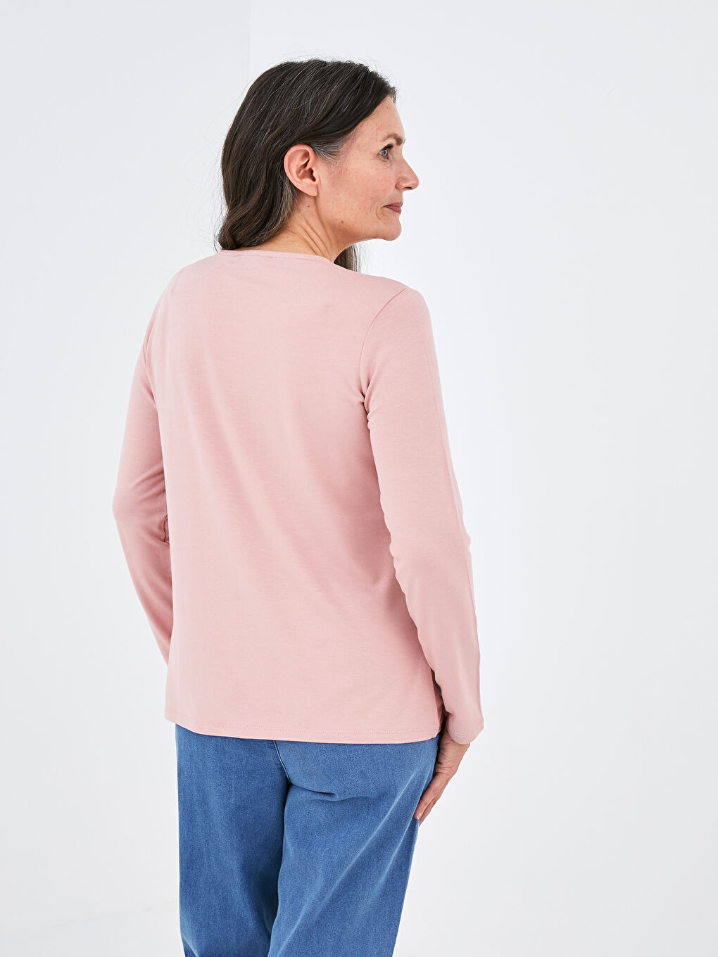 Pembe Bisiklet Yaka Taşlı Uzun Kollu Viskon Kadın Bluz-4