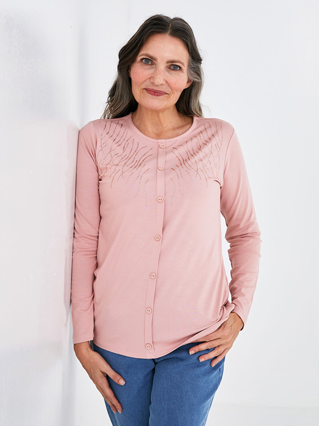 Pembe Bisiklet Yaka Taşlı Uzun Kollu Viskon Kadın Bluz
