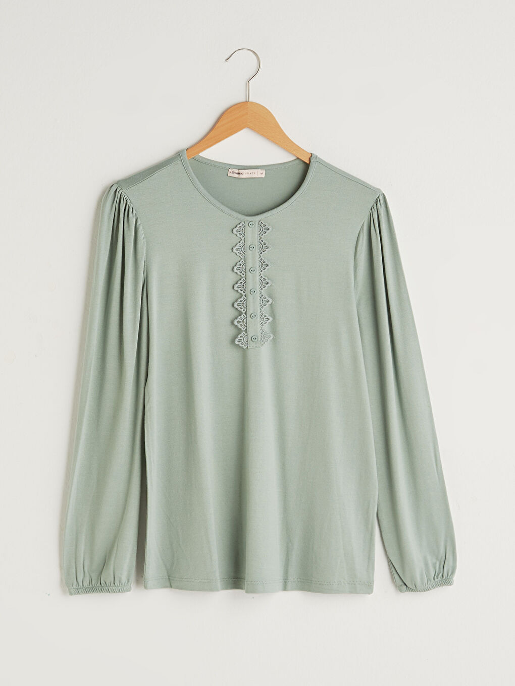 Yeşil Bisiklet Yaka Dantel Detaylı Uzun Kollu Krep Kumaş Kadın Bluz-4