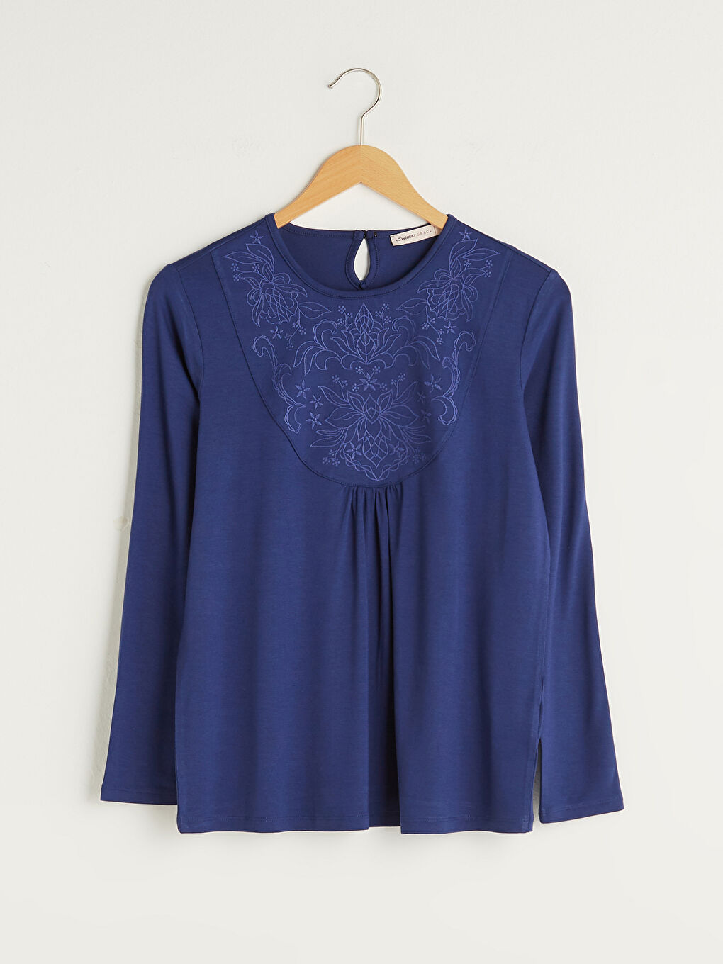 Crew Neck Embroidered Long Sleeve Viscose Women's Blouse-4