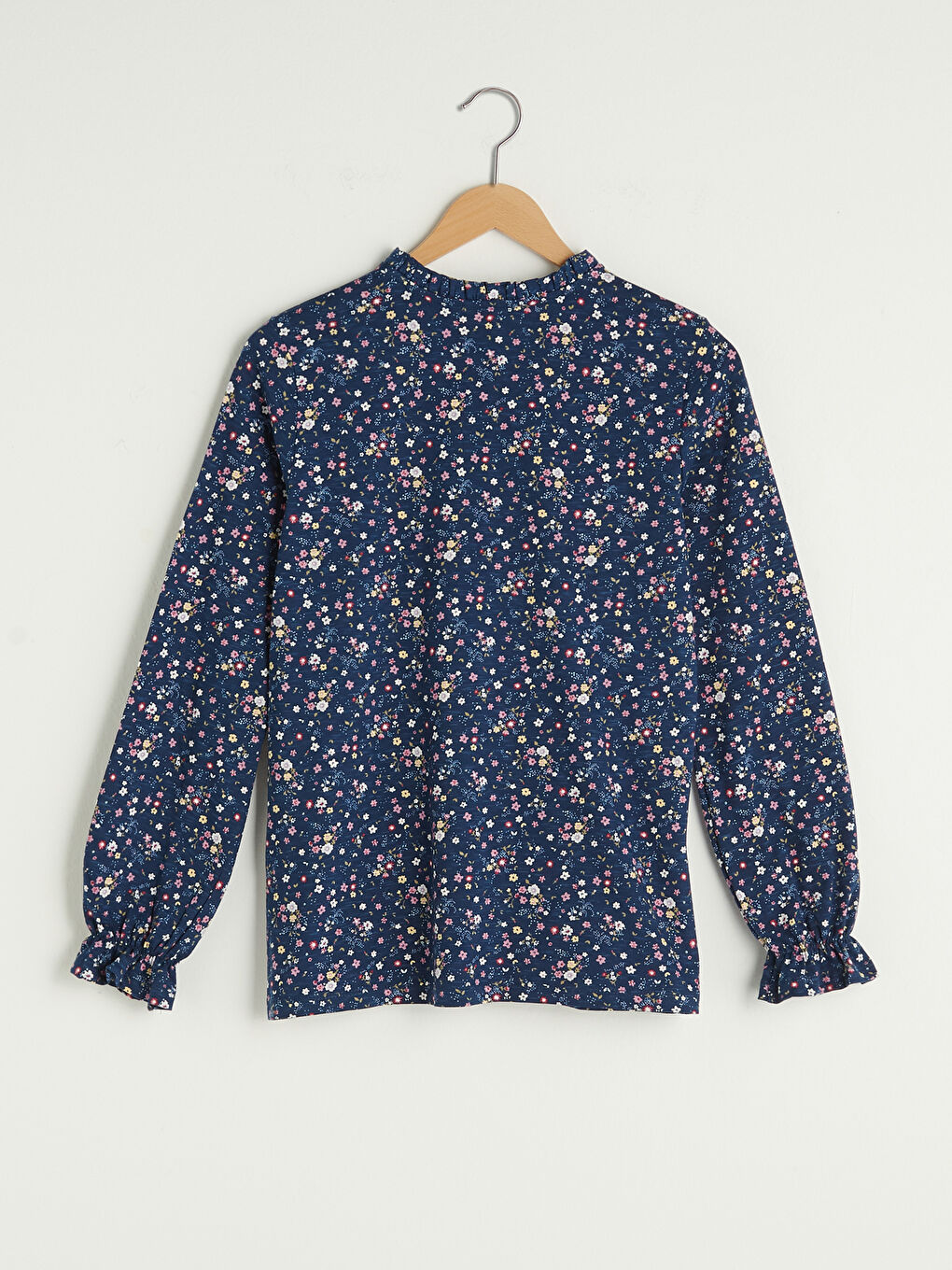 Lacivert Bağlamalı Yaka Çiçek Baskılı Uzun Kollu Pamuklu Kadın Bluz-6