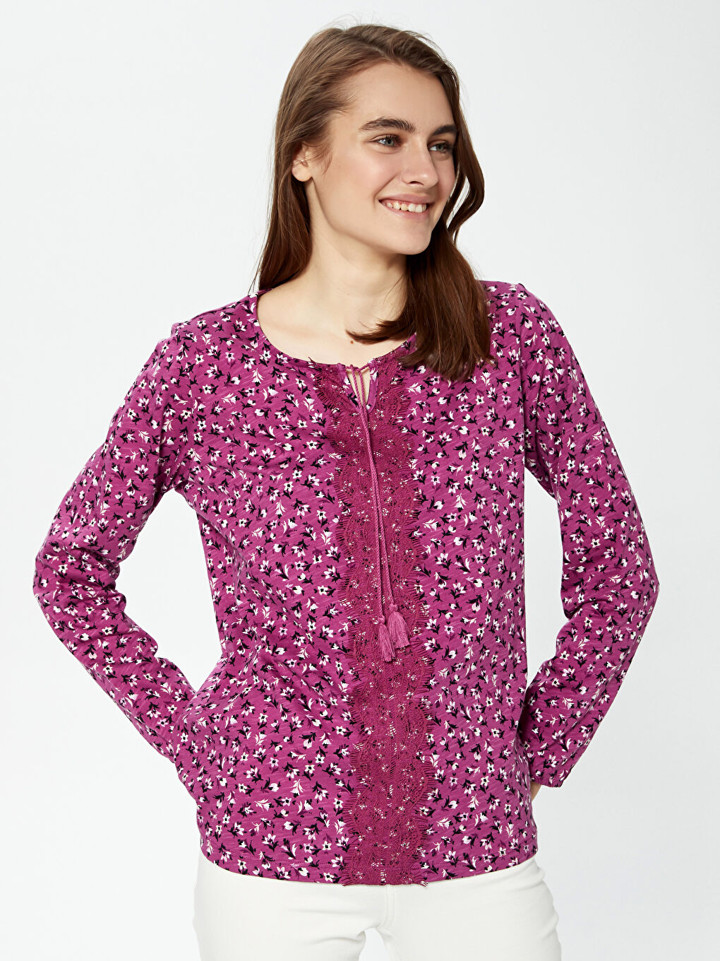 Tie Collar Printed Embroidery Pattern Long Sleeve Women's Blouse