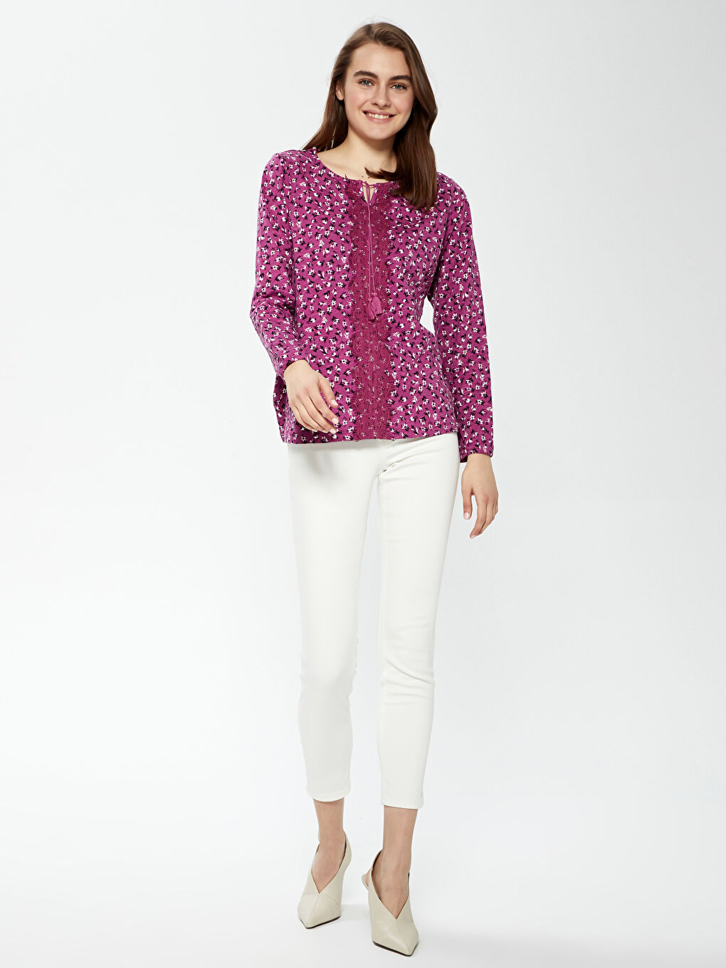 Tie Collar Printed Embroidery Pattern Long Sleeve Women's Blouse-2