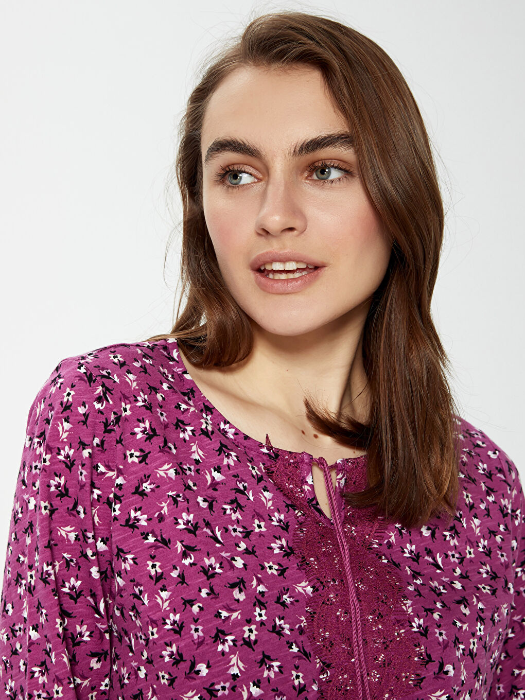 Tie Collar Printed Embroidery Pattern Long Sleeve Women's Blouse-3