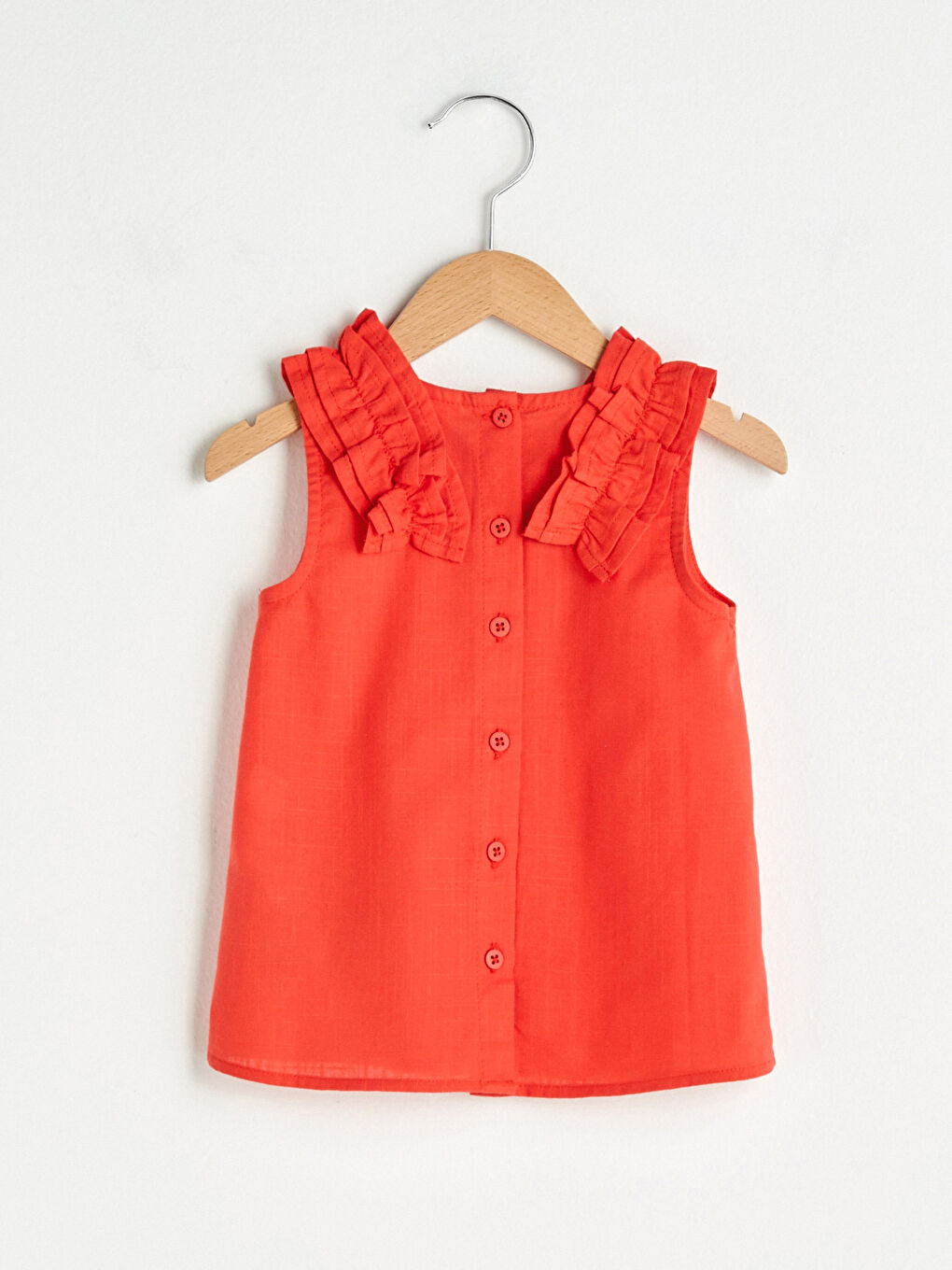 Kırmızı Kare Yaka Fırfır Detaylı Pamuklu Kız Bebek Bluz-1