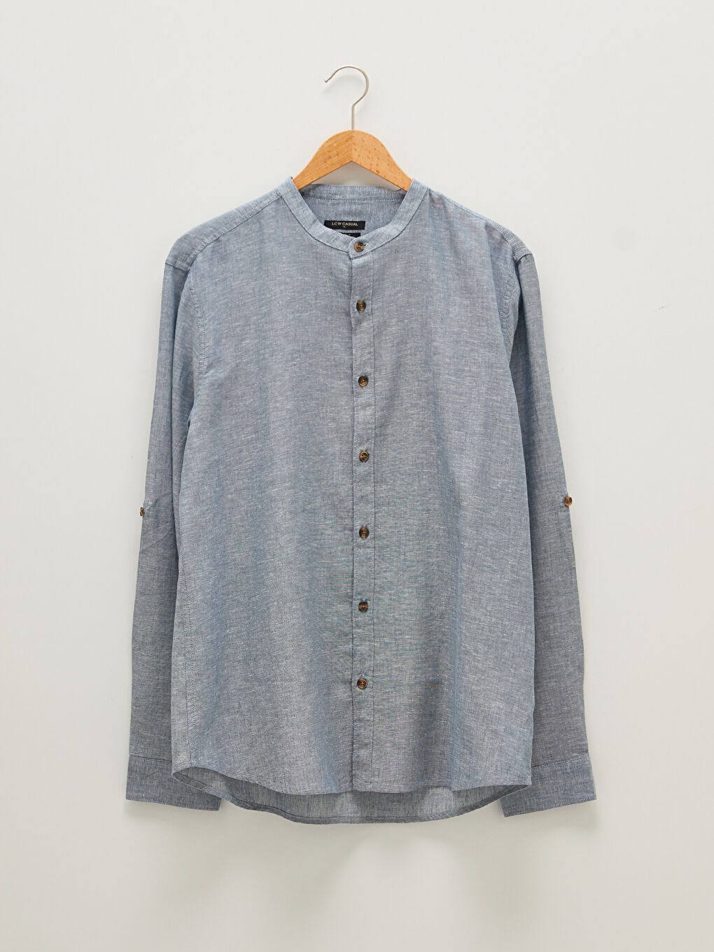 Рубашка слим-фит с воротником-стойкой и длинным рукавом для мужчин-5