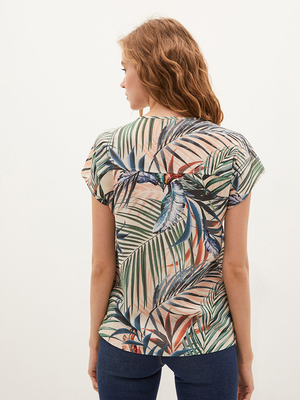 V Neck Printed Short Sleeve Viscose Women Blouse-3