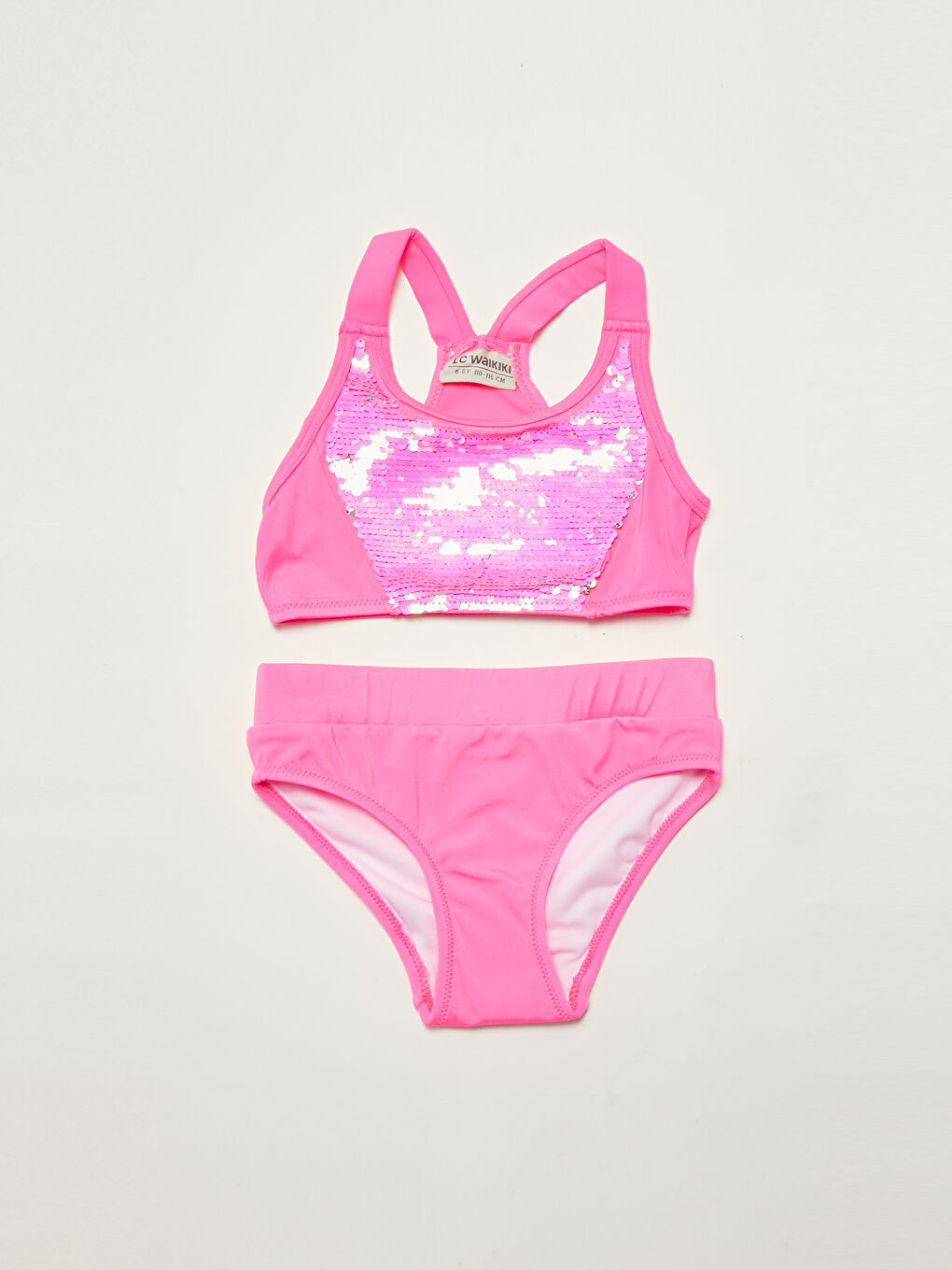 Pembe Esnek Kumaştan Pul Payet İşlemeli Kız Çocuk Bikini