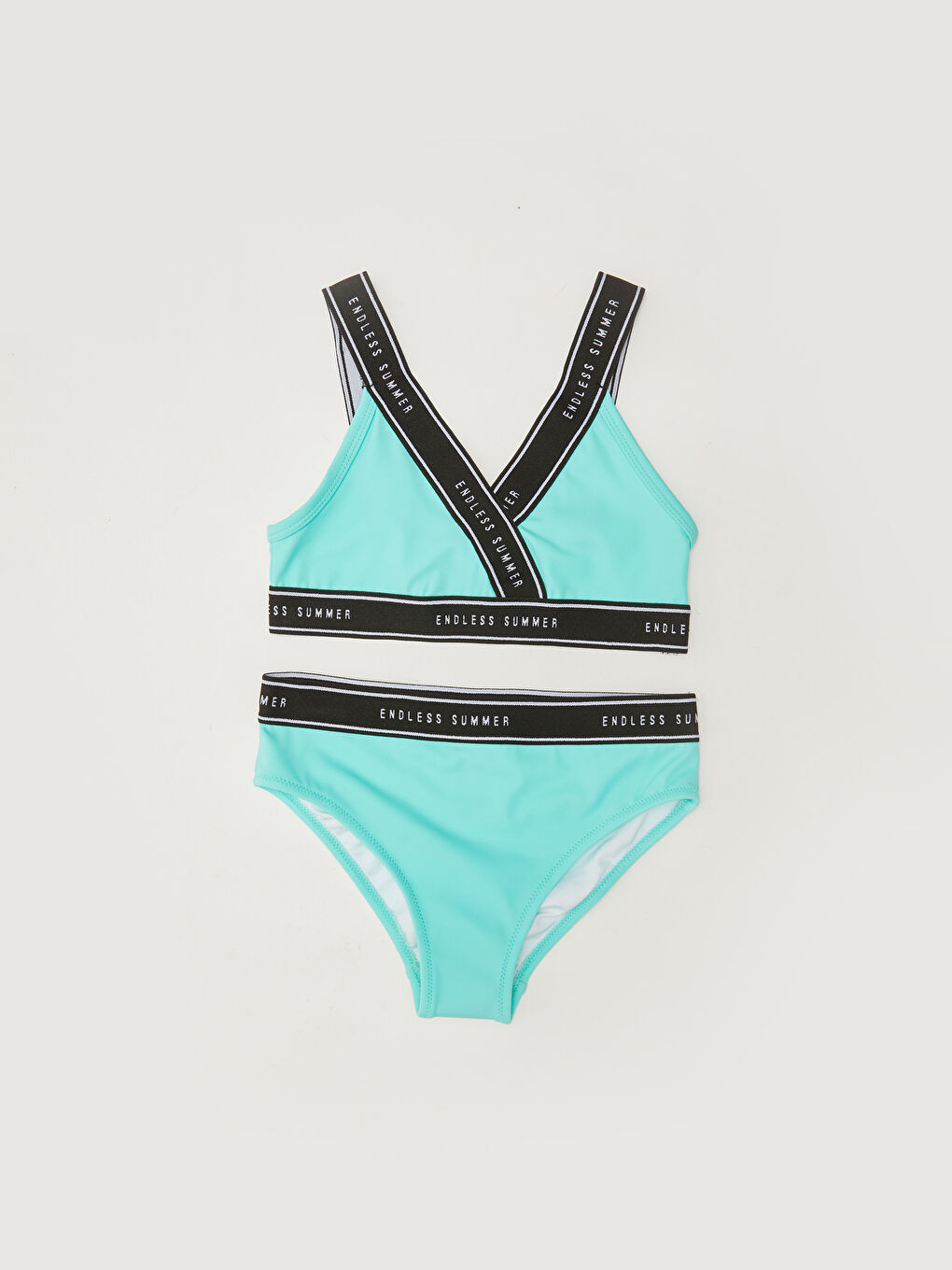 Yeşil Esnek Kumaştan Yazı Baskılı Kız Çocuk Bikini