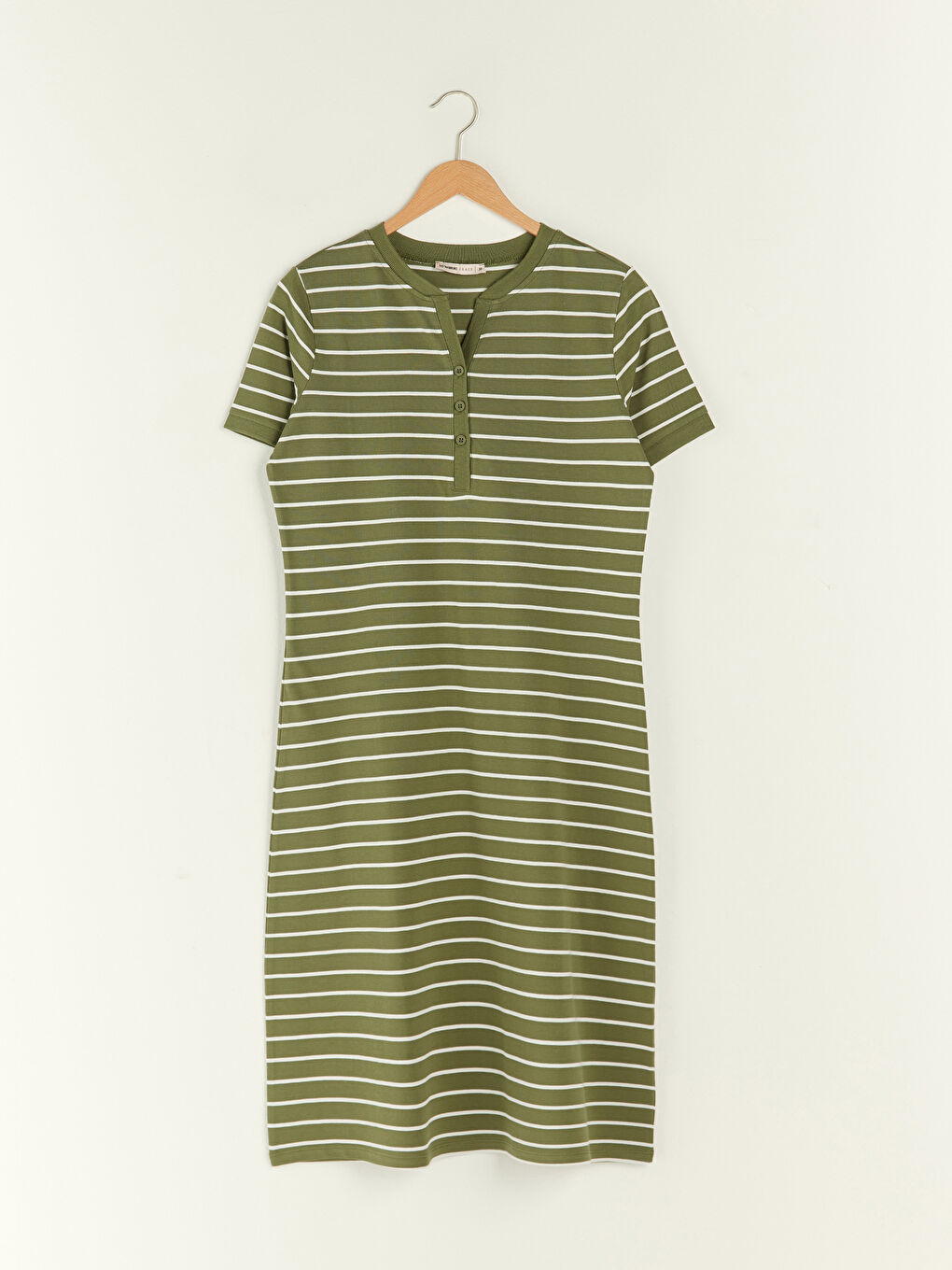 Haki Kaçık Yaka Çizgili Kısa Kollu Pike Kumaş Kadın Elbise-7