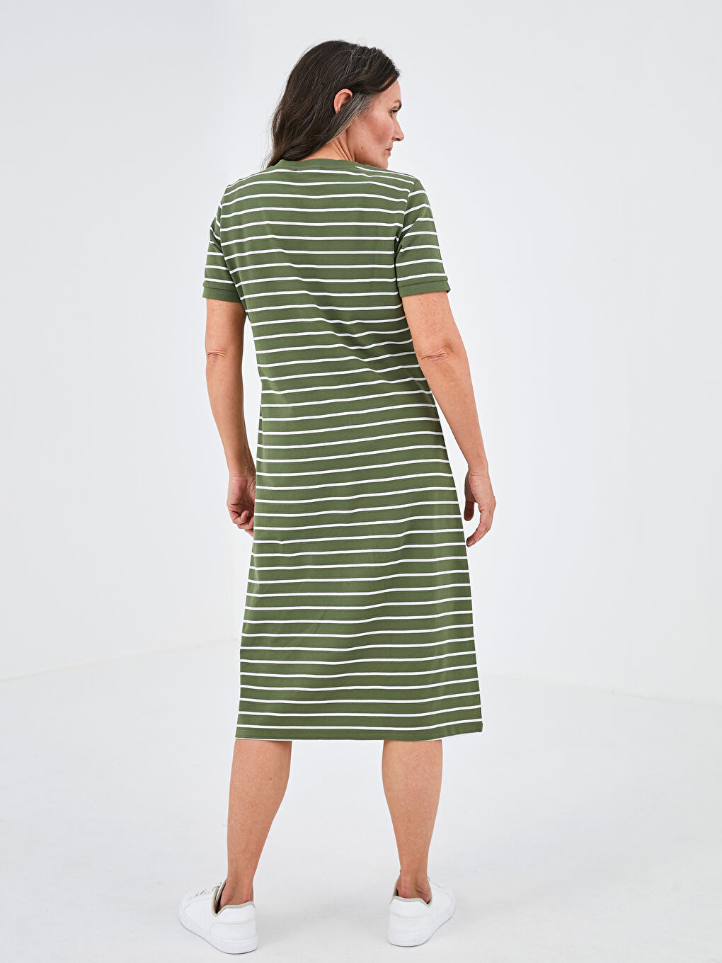 Haki Kaçık Yaka Çizgili Kısa Kollu Pike Kumaş Kadın Elbise-6