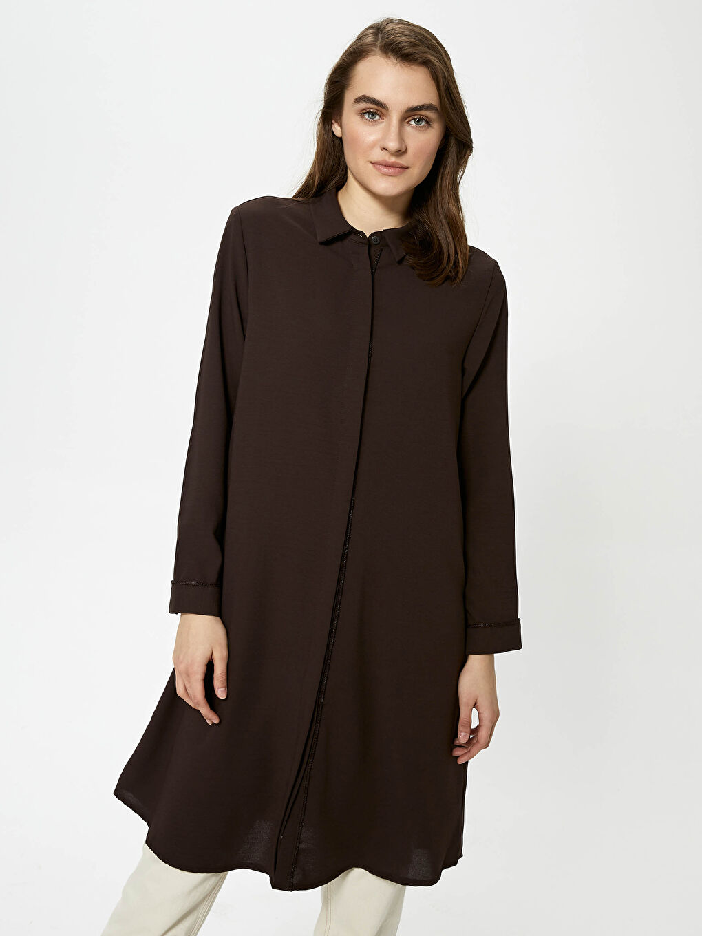 Düz Uzun Kollu Şifon Kadın Gömlek Tunik