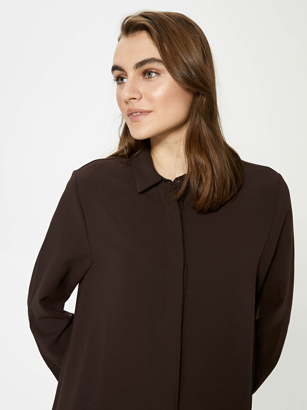 Düz Uzun Kollu Şifon Kadın Gömlek Tunik-1