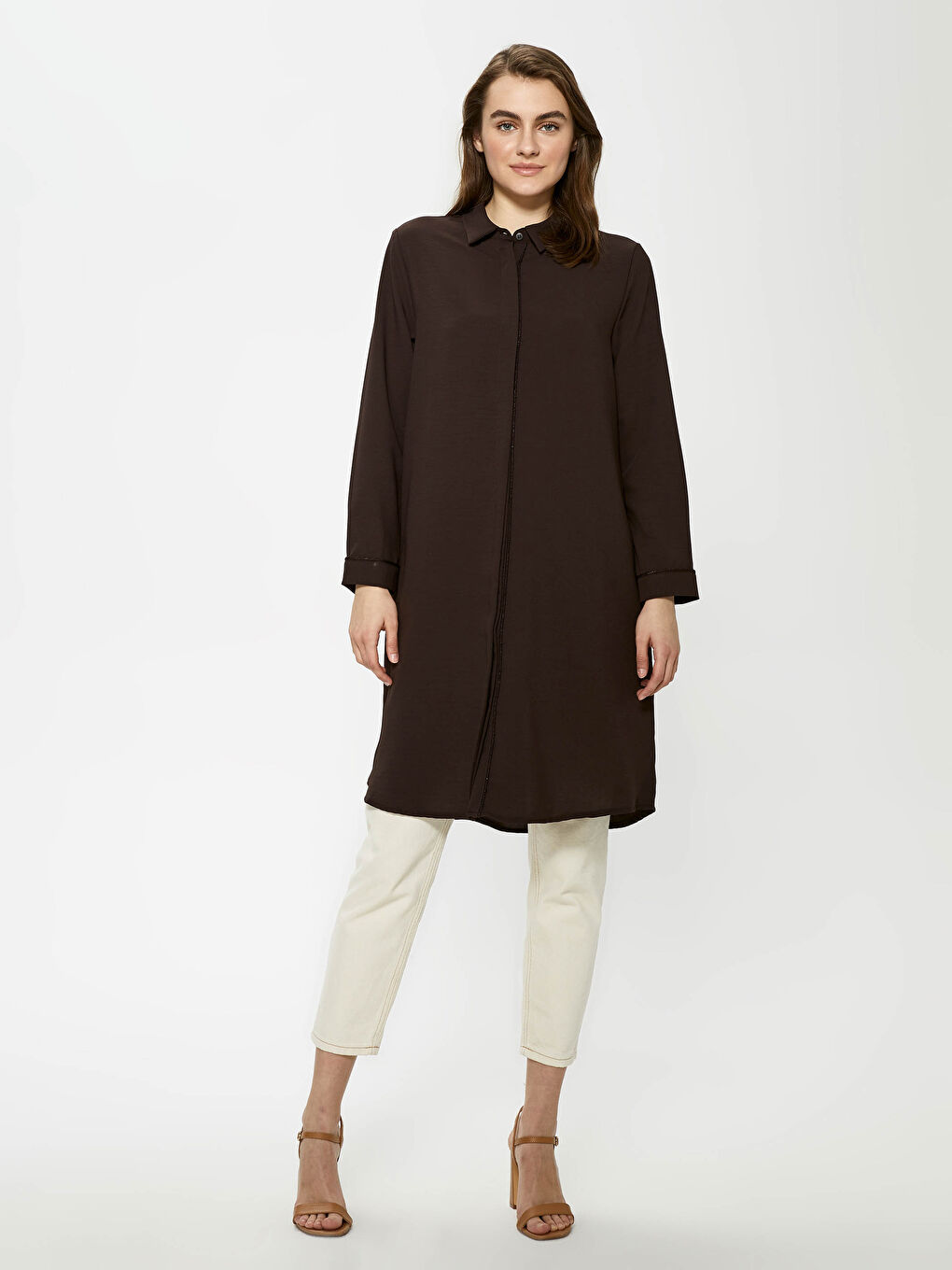 Düz Uzun Kollu Şifon Kadın Gömlek Tunik-3