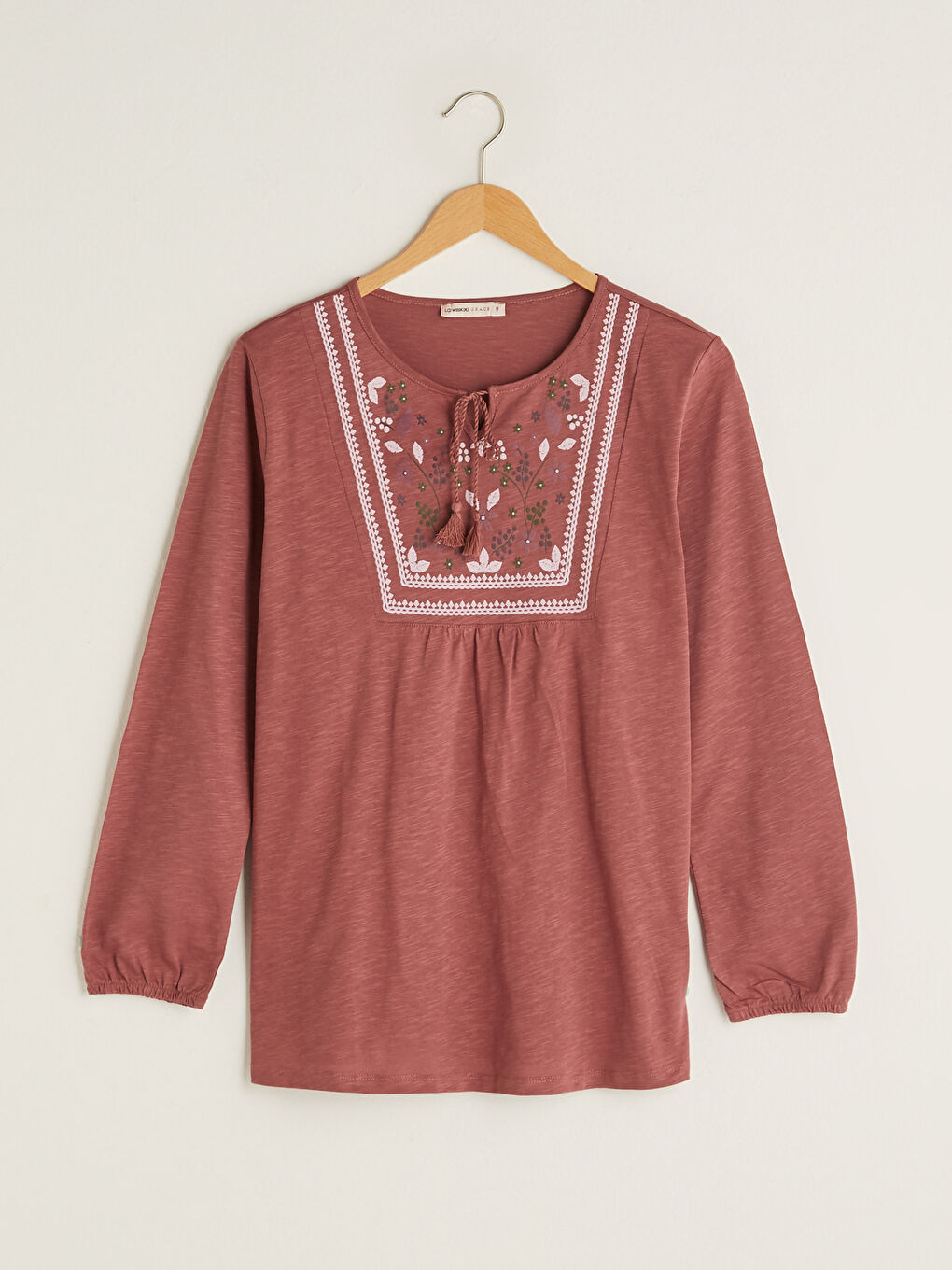 Pembe Bağlamalı Yaka Nakışlı Uzun Kollu Pamuklu Kadın Bluz-5