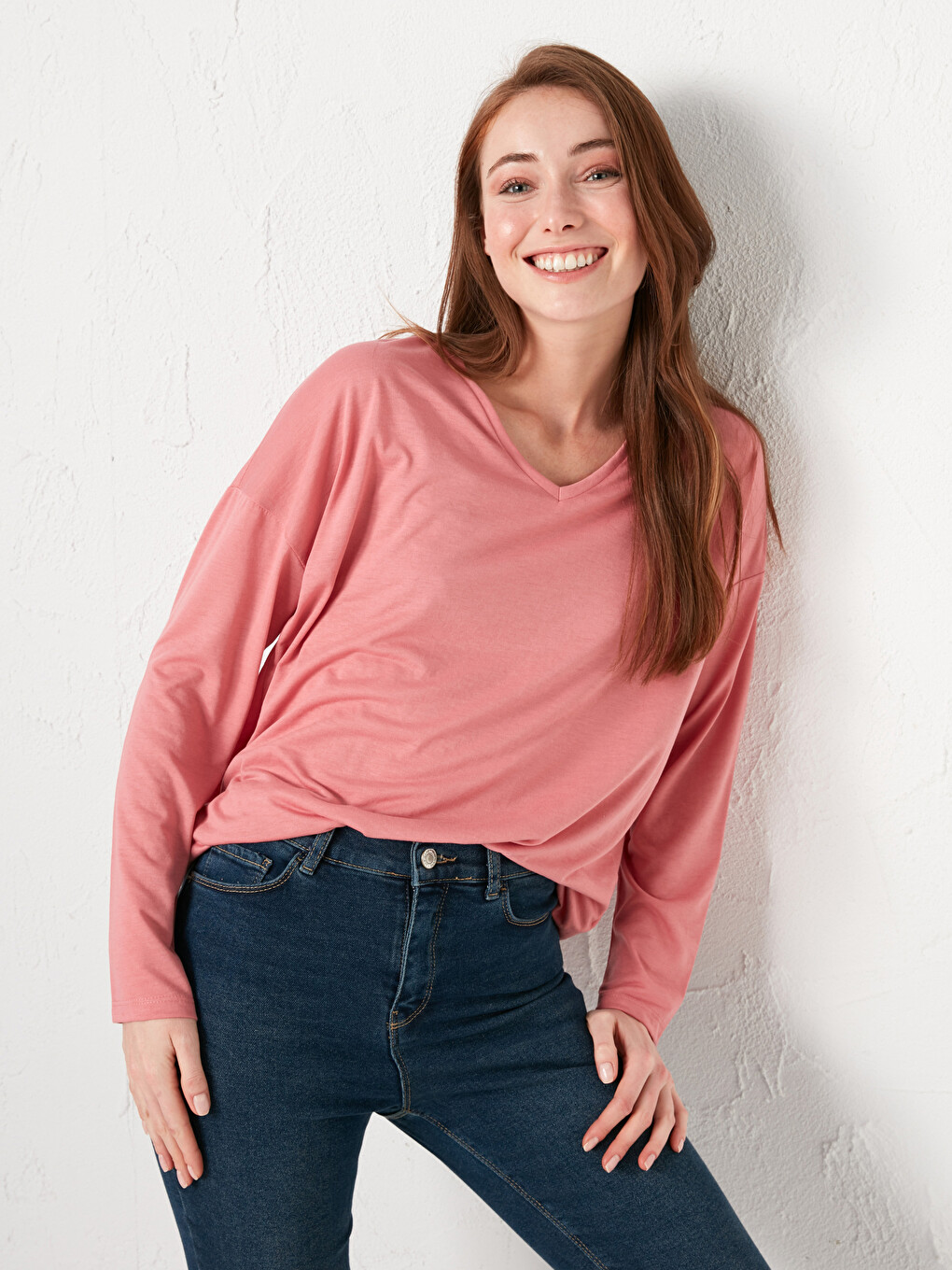 V-neck Plain Long Sleeve Women's T-shirt