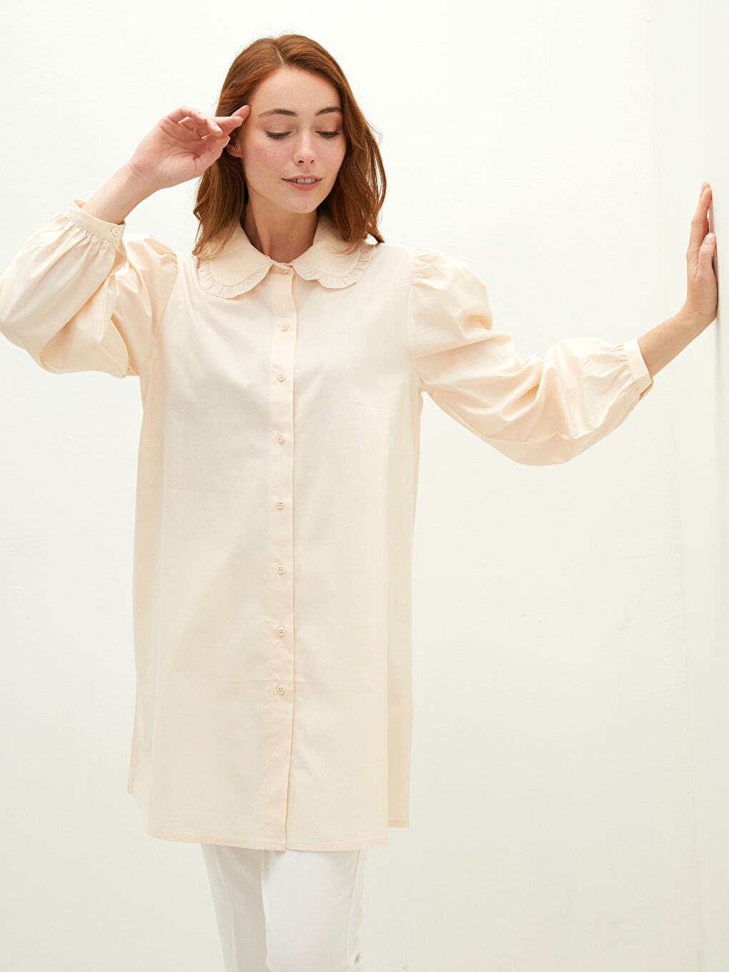 LCW Modest Fırfırlı Bebe Yaka Düz Uzun Kollu Poplin Kadın Tunik -S1G339Z8-RPH