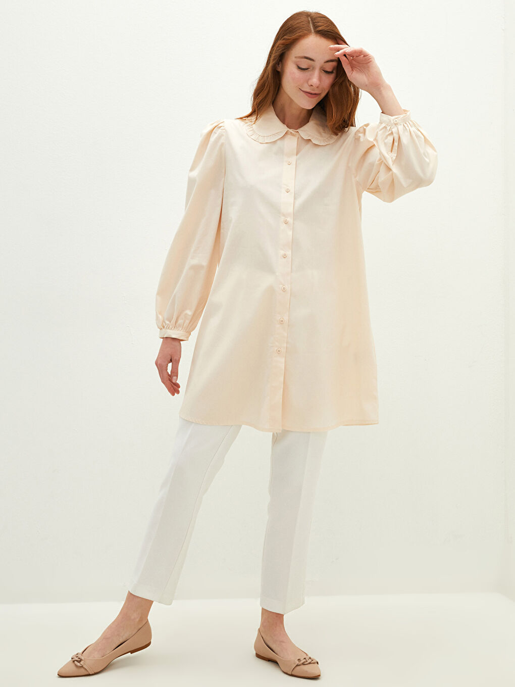 LCW Modest Fırfırlı Bebe Yaka Düz Uzun Kollu Poplin Kadın Tunik -S1G339Z8-RPH