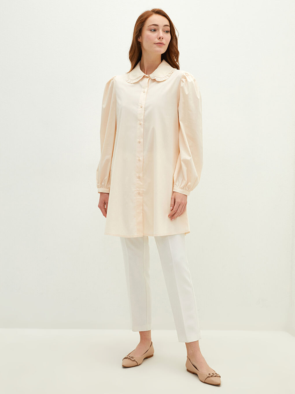 LCW Modest Fırfırlı Bebe Yaka Düz Uzun Kollu Poplin Kadın Tunik -S1G339Z8-RPH