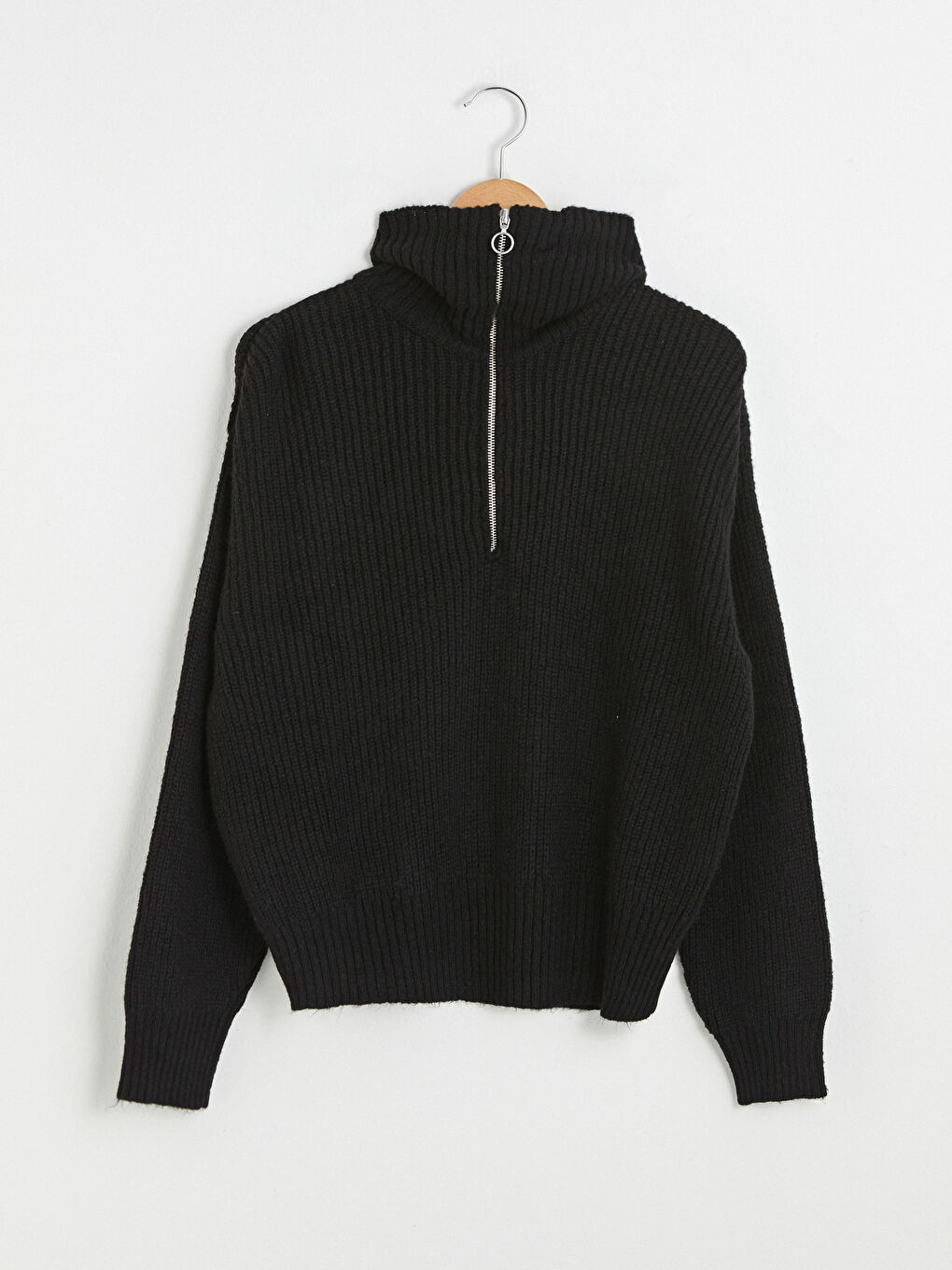 Siyah Yarım Balıkçı Yaka Düz Uzun Kollu Yakası Fermuarlı Kadın Triko Kazak-5