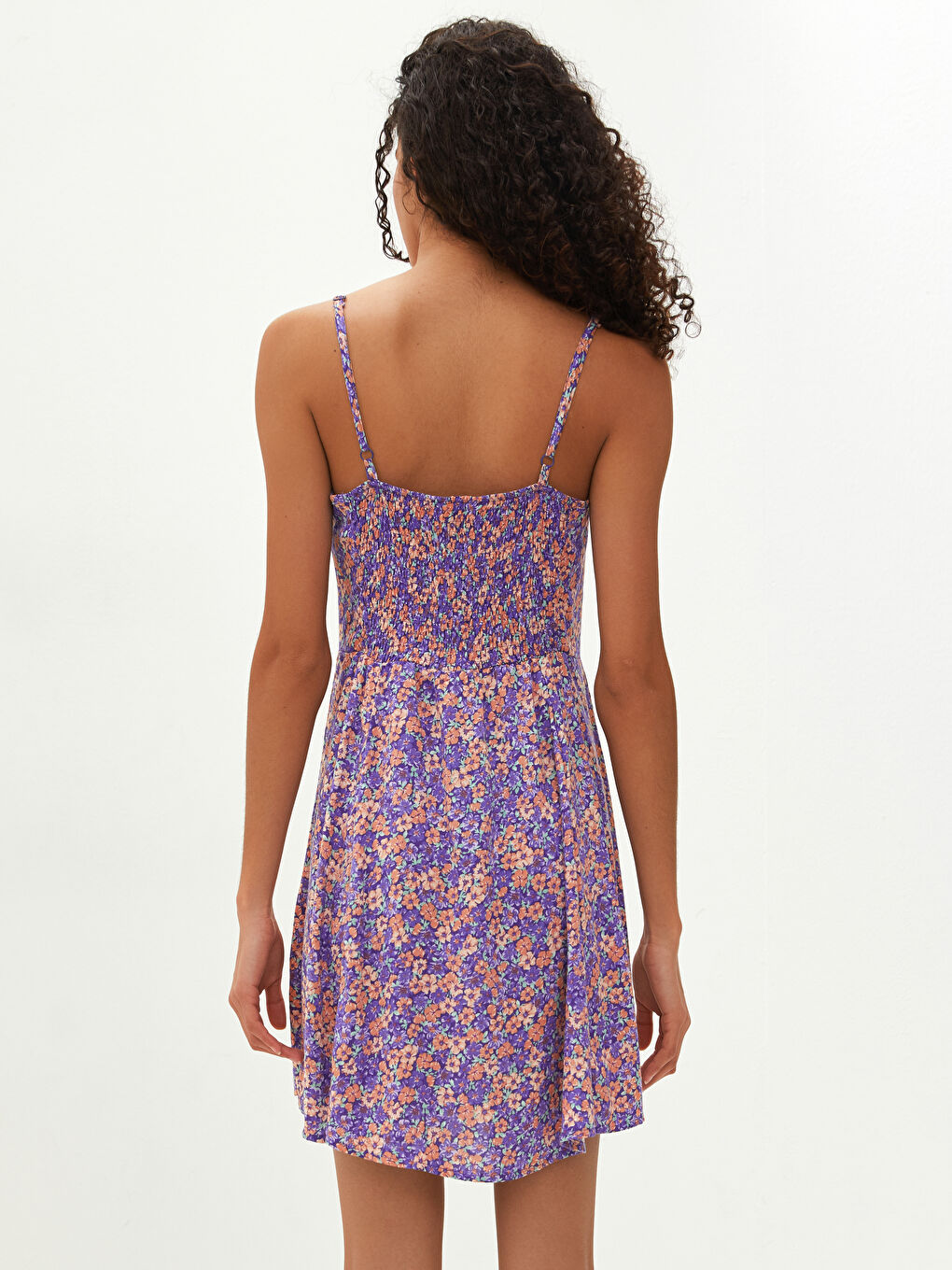 Lila Askılı Çiçek Baskılı Viskon Kadın Elbise-3