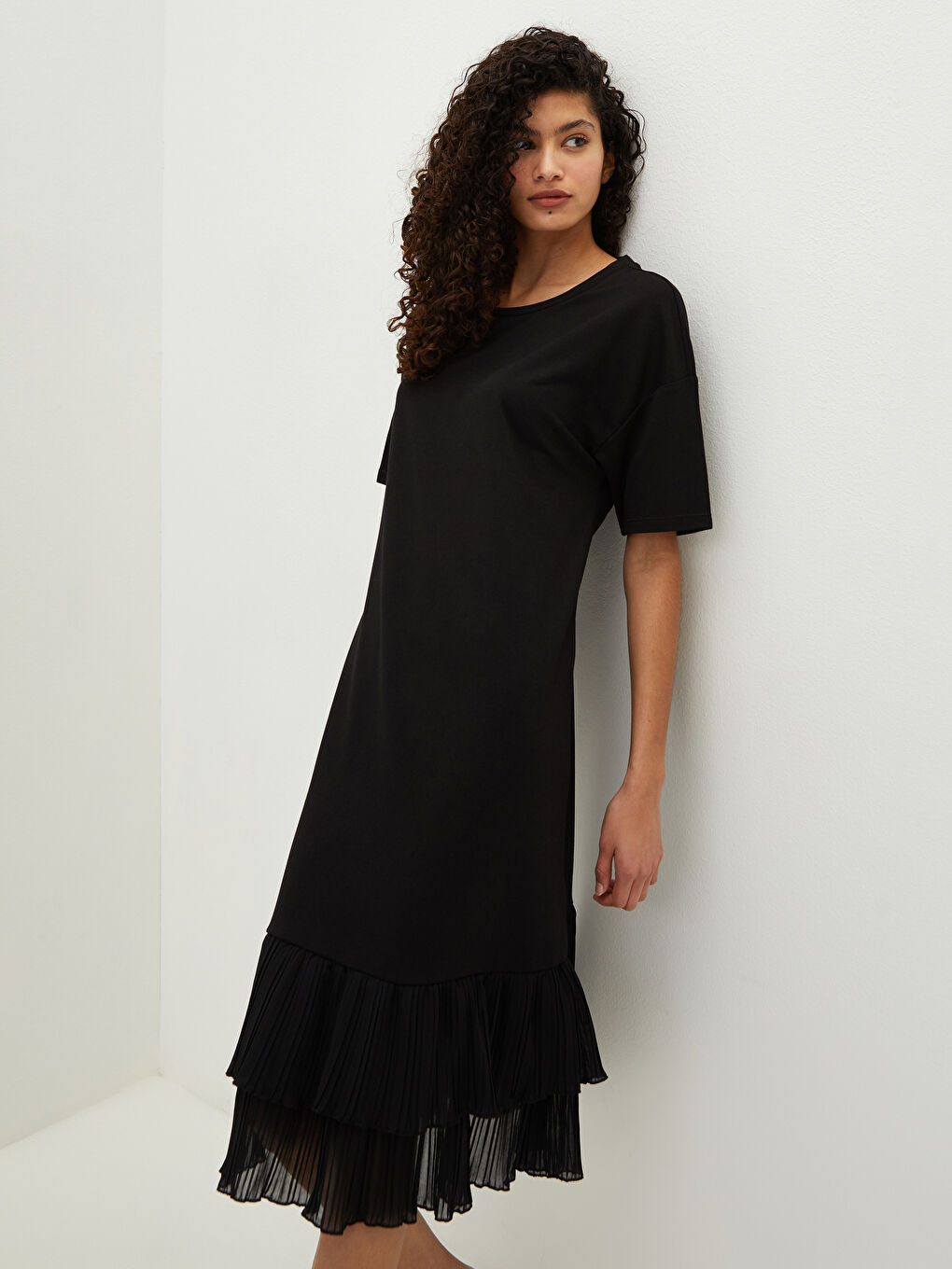 Crew Neck Straight Ruffle Detail Short Sleeve Women's Dress-1