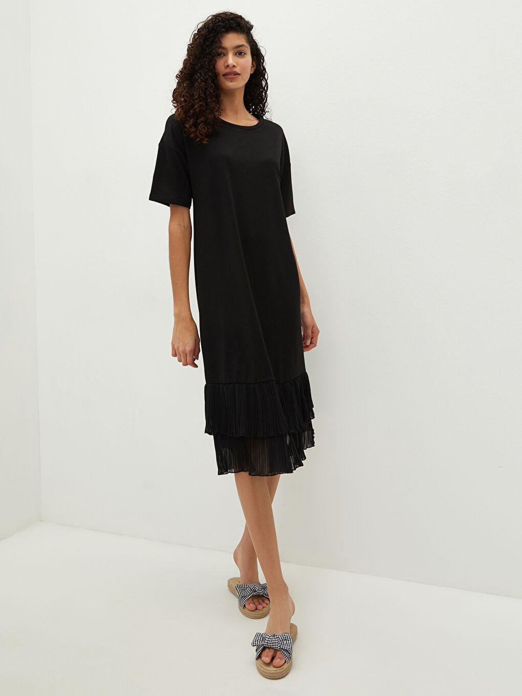 Crew Neck Straight Ruffle Detail Short Sleeve Women's Dress-4