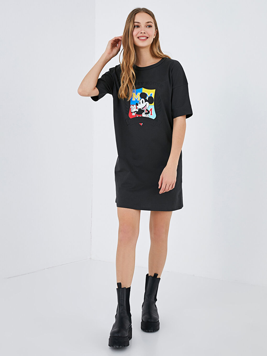 Crew Neck Mickey Mouse Printed Short Sleeve Cotton Women's Dress
