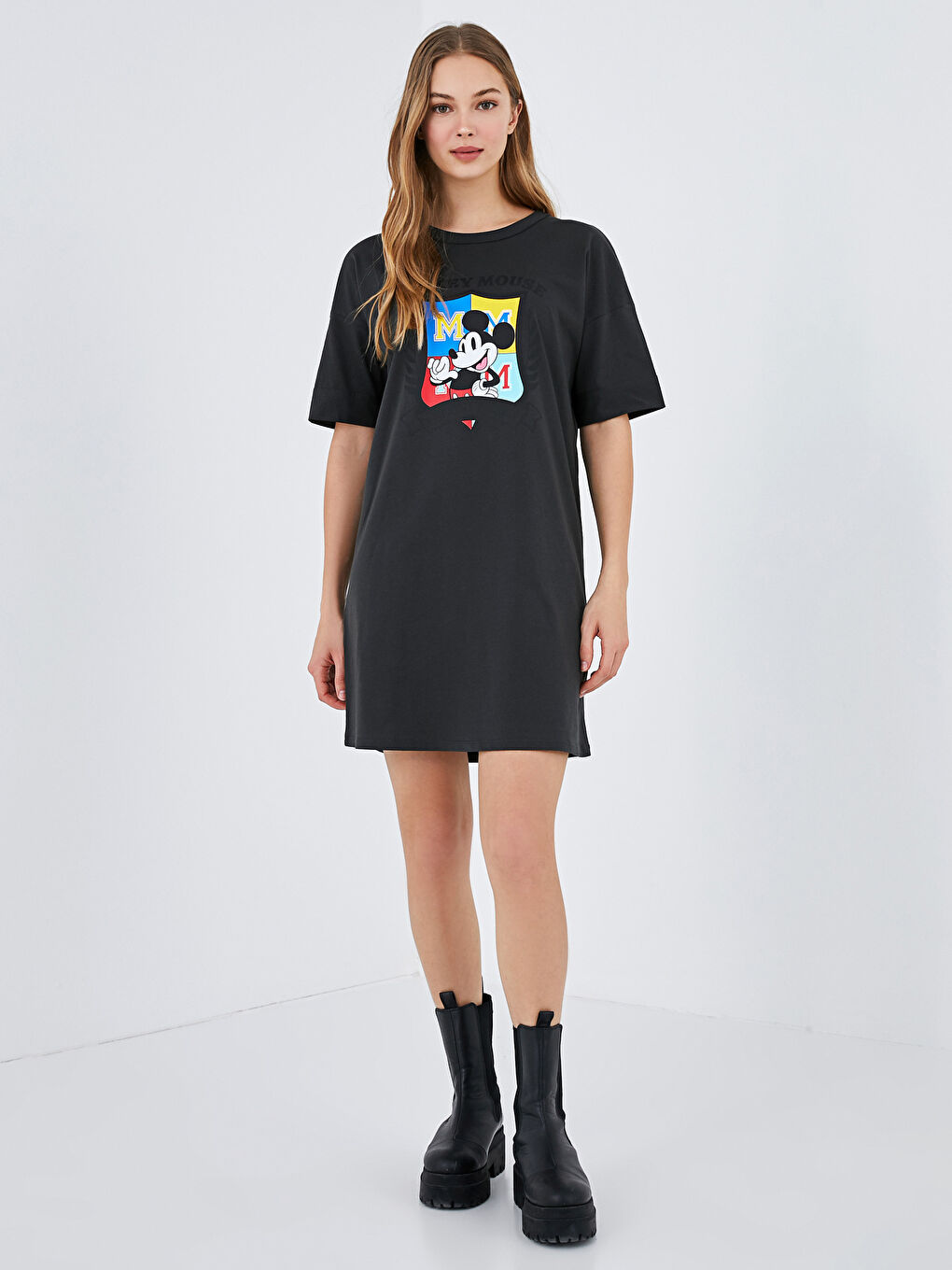 Crew Neck Mickey Mouse Printed Short Sleeve Cotton Women's Dress-1